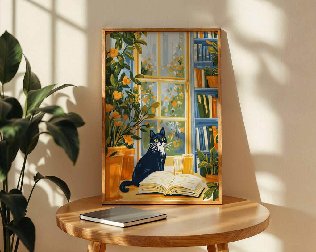 Illustration chat noir - décoration cosy -  idée cadeau amoureux des chats et des livres