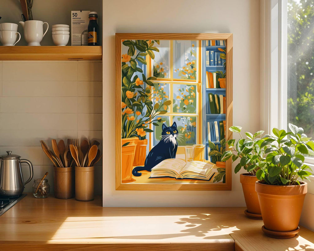 Illustration chat noir - décoration cosy -  idée cadeau amoureux des chats et des livres