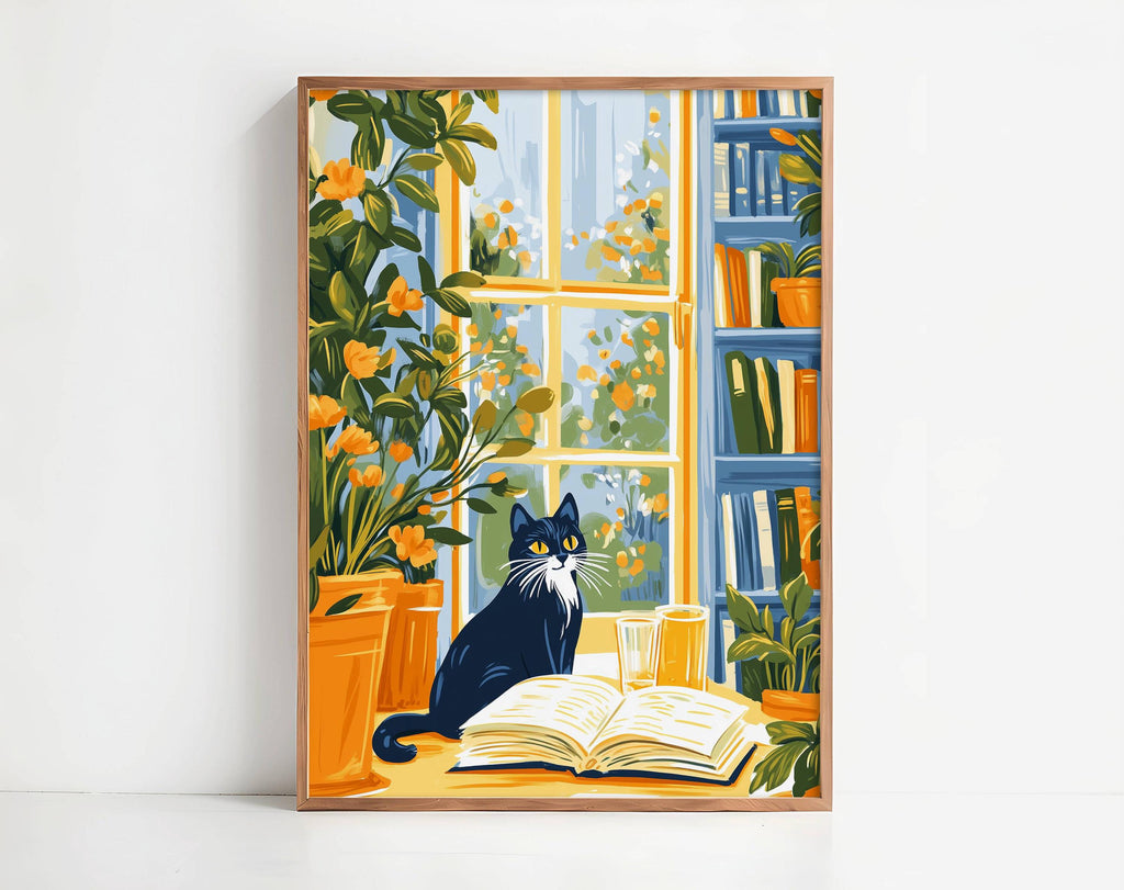 Illustration chat noir - décoration cosy -  idée cadeau amoureux des chats et des livres