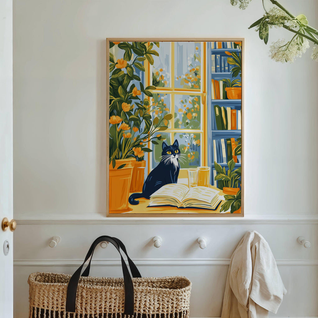 Illustration chat noir - décoration cosy -  idée cadeau amoureux des chats et des livres