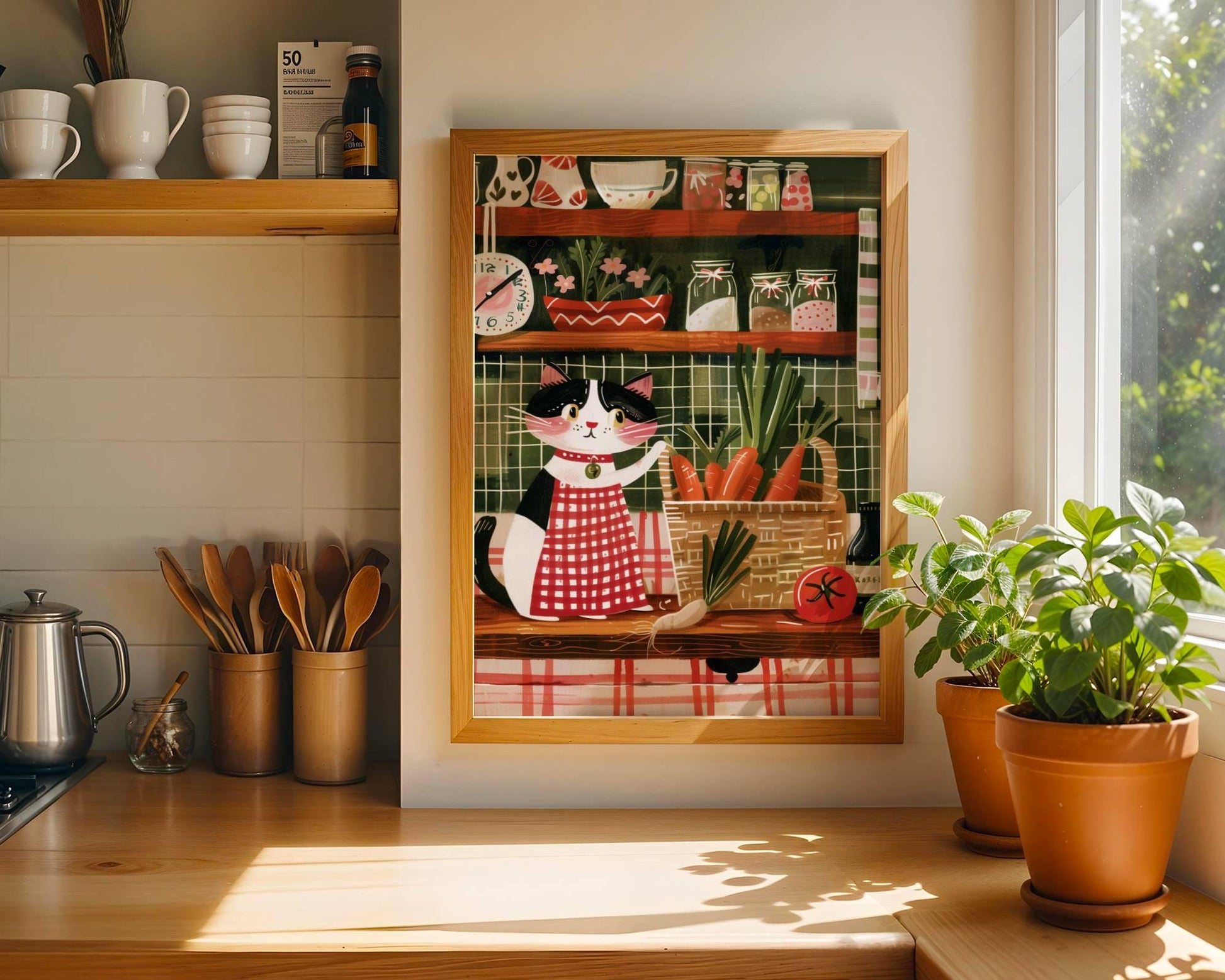 Illustration chat noir et blanc cuisinier – Illustration cuisine cottagecore – déco murale poétique chaleureuse, cadeau amoureux des chats