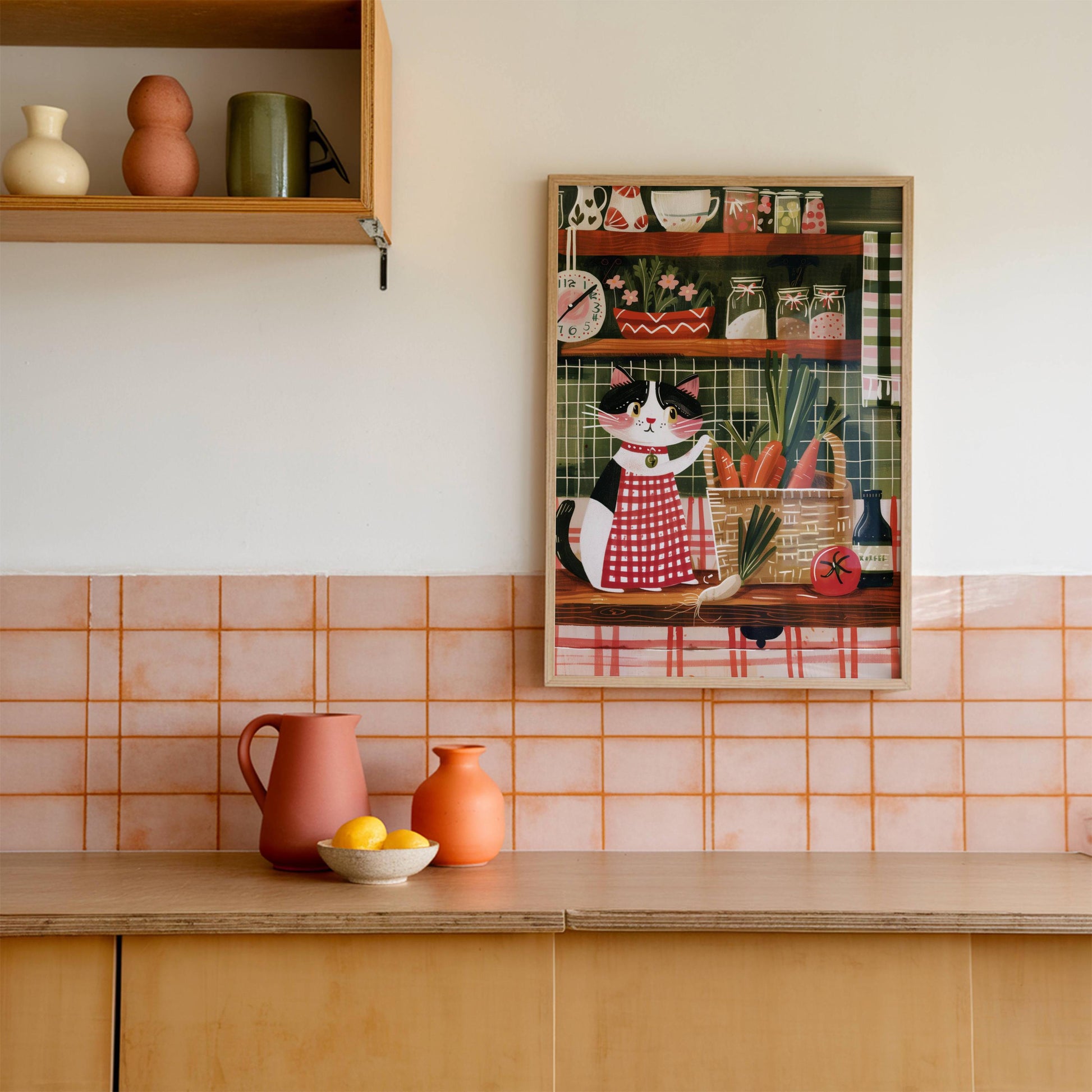 Illustration chat noir et blanc cuisinier – Illustration cuisine cottagecore – déco murale poétique chaleureuse, cadeau amoureux des chats