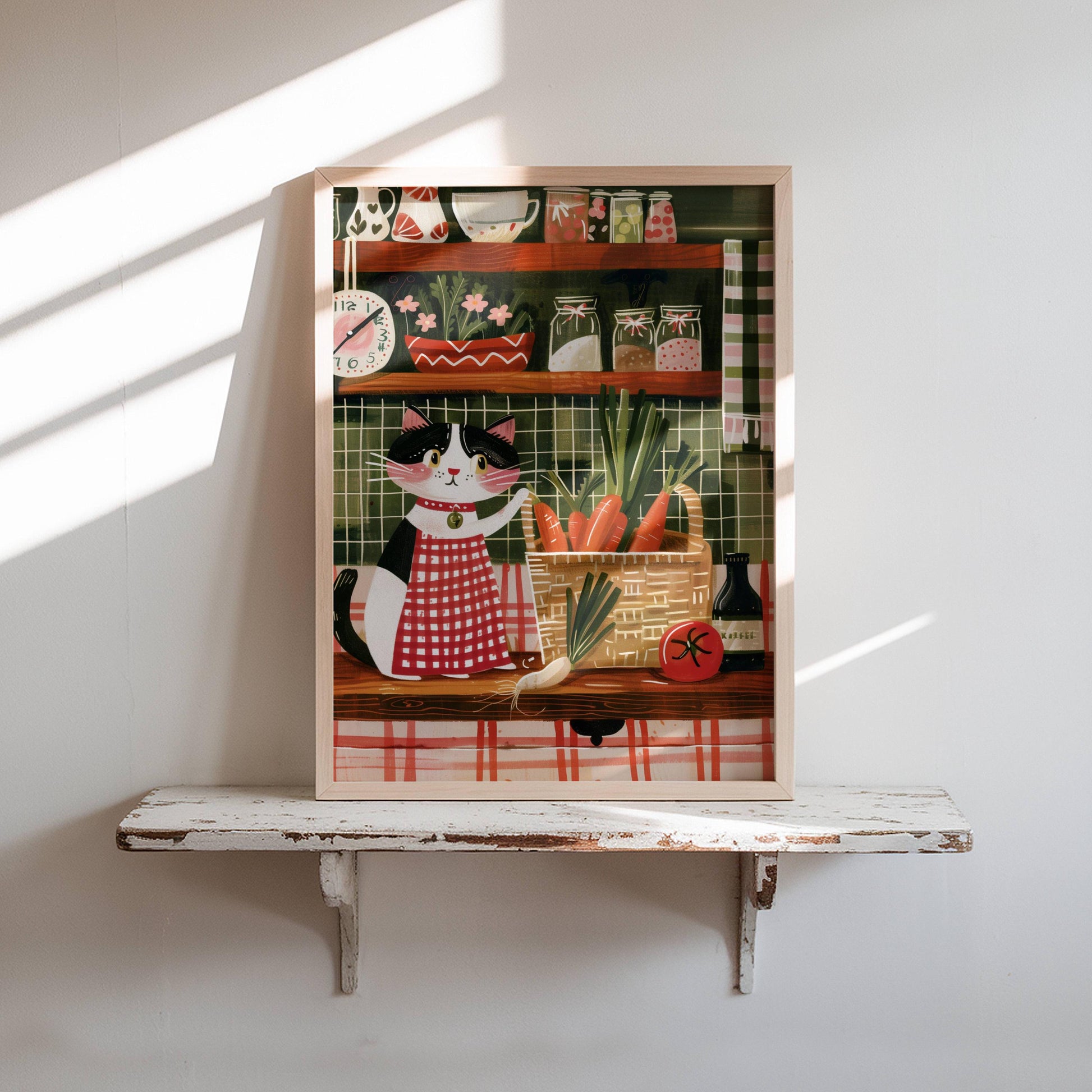 Illustration chat noir et blanc cuisinier – Illustration cuisine cottagecore – déco murale poétique chaleureuse, cadeau amoureux des chats