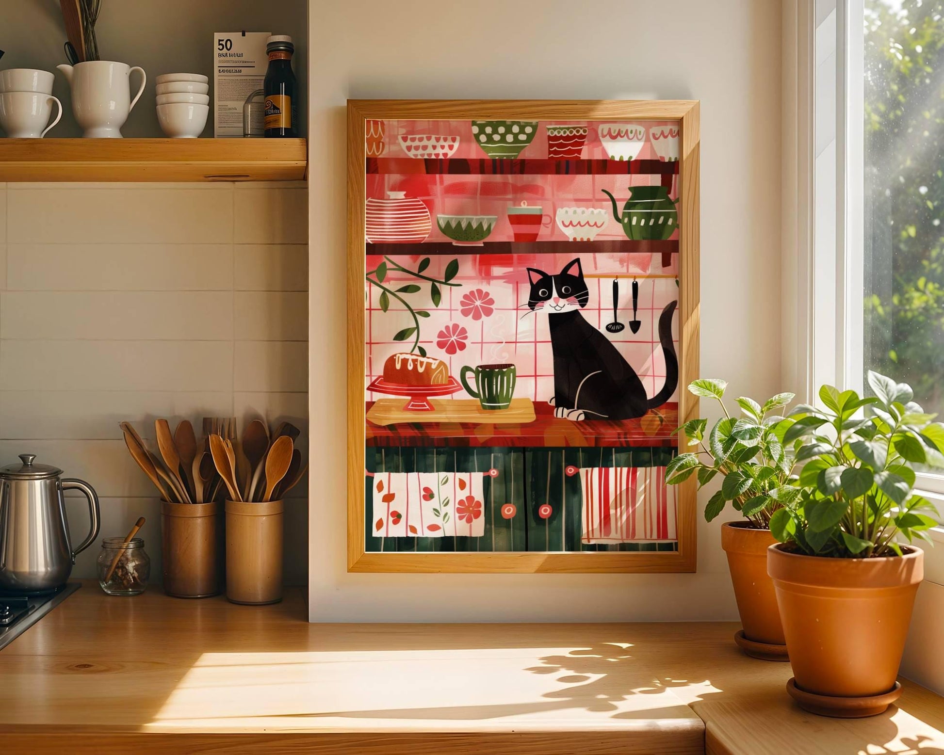 Illustration chat noir cuisine cosy – Illustration cottagecore – cadeau amoureux des chats