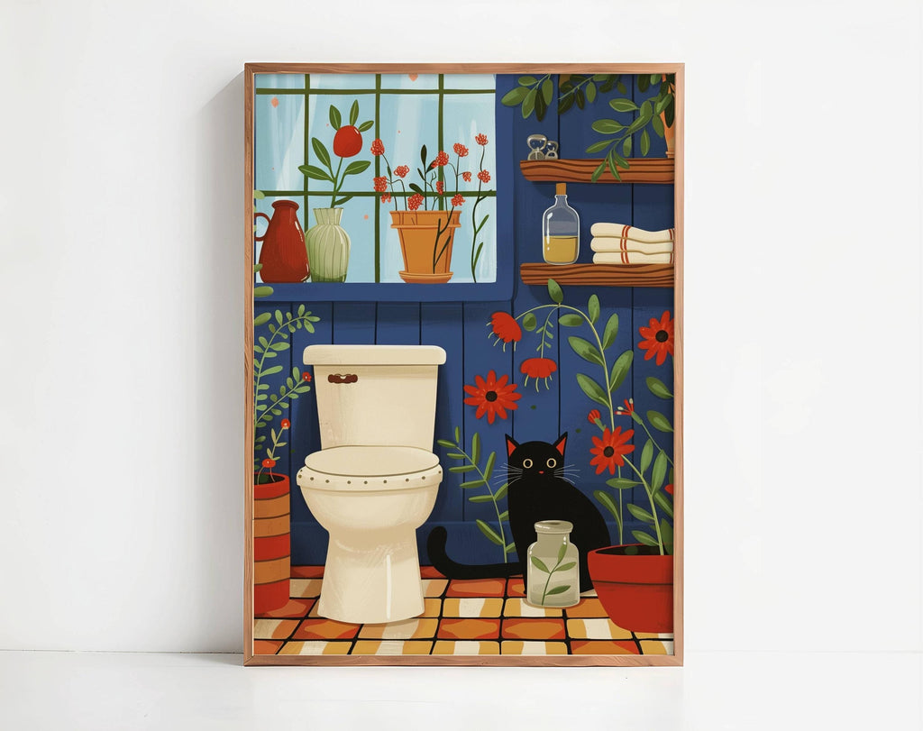 Illustration chat noir salle de bain | affiche toilette humour chat | décor mural plantes et chat | cadeau amoureux des chats