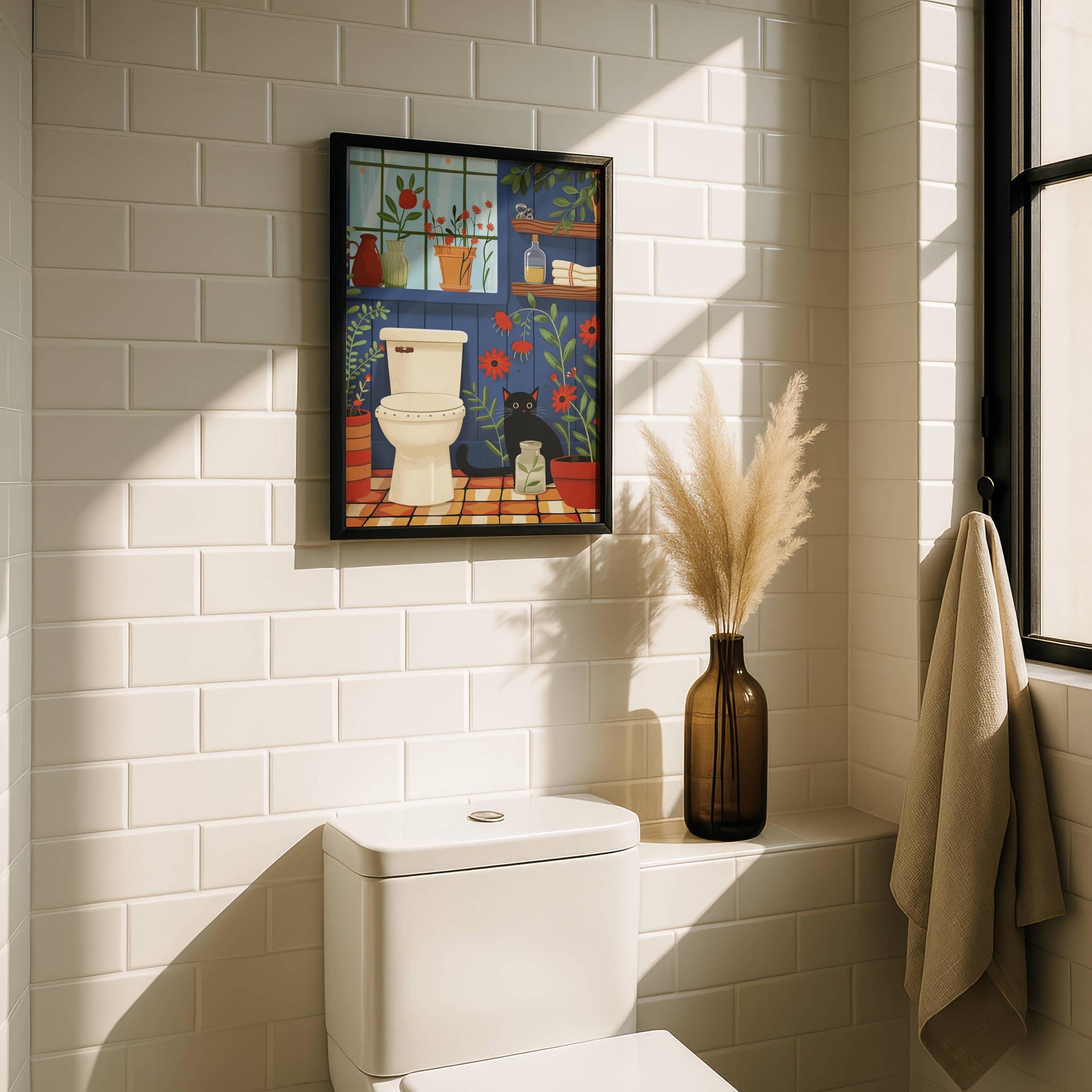 Illustration chat noir salle de bain | affiche toilette humour chat | décor mural plantes et chat | cadeau amoureux des chats