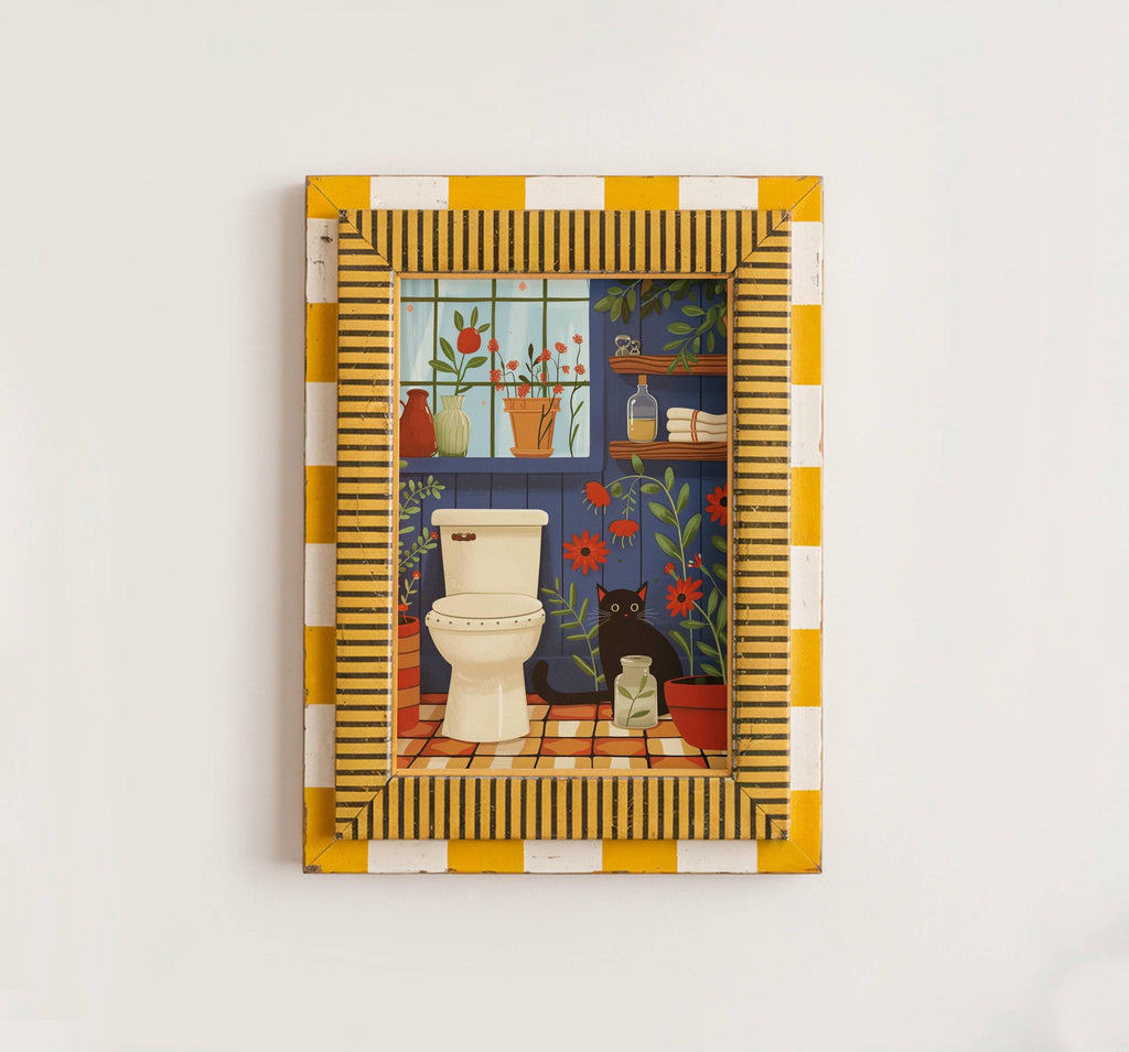 Illustration chat noir salle de bain | affiche toilette humour chat | décor mural plantes et chat | cadeau amoureux des chats