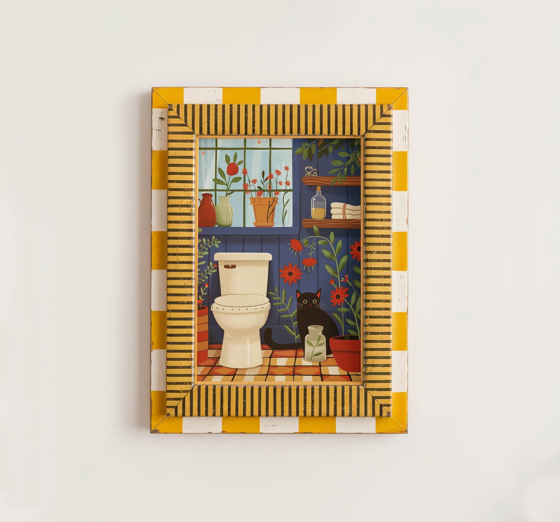 Illustration chat noir salle de bain | affiche toilette humour chat | décor mural plantes et chat | cadeau amoureux des chats