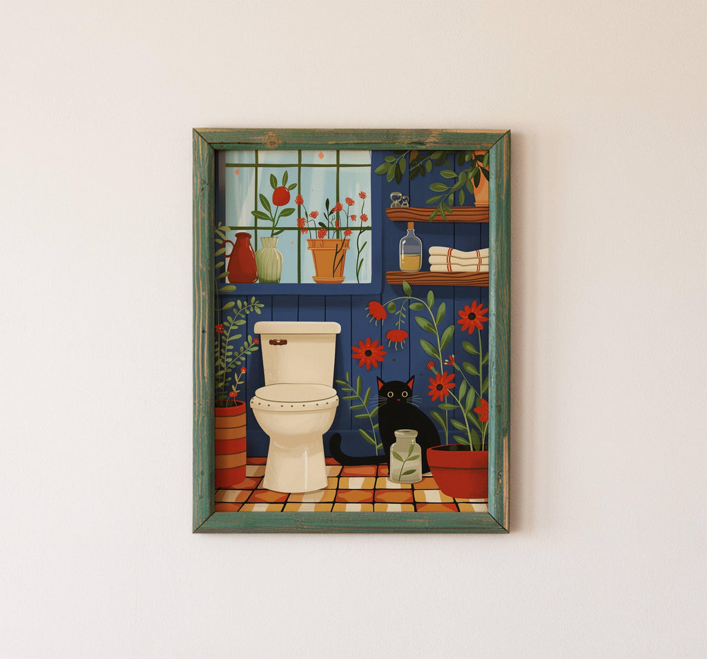 Illustration chat noir salle de bain | affiche toilette humour chat | décor mural plantes et chat | cadeau amoureux des chats