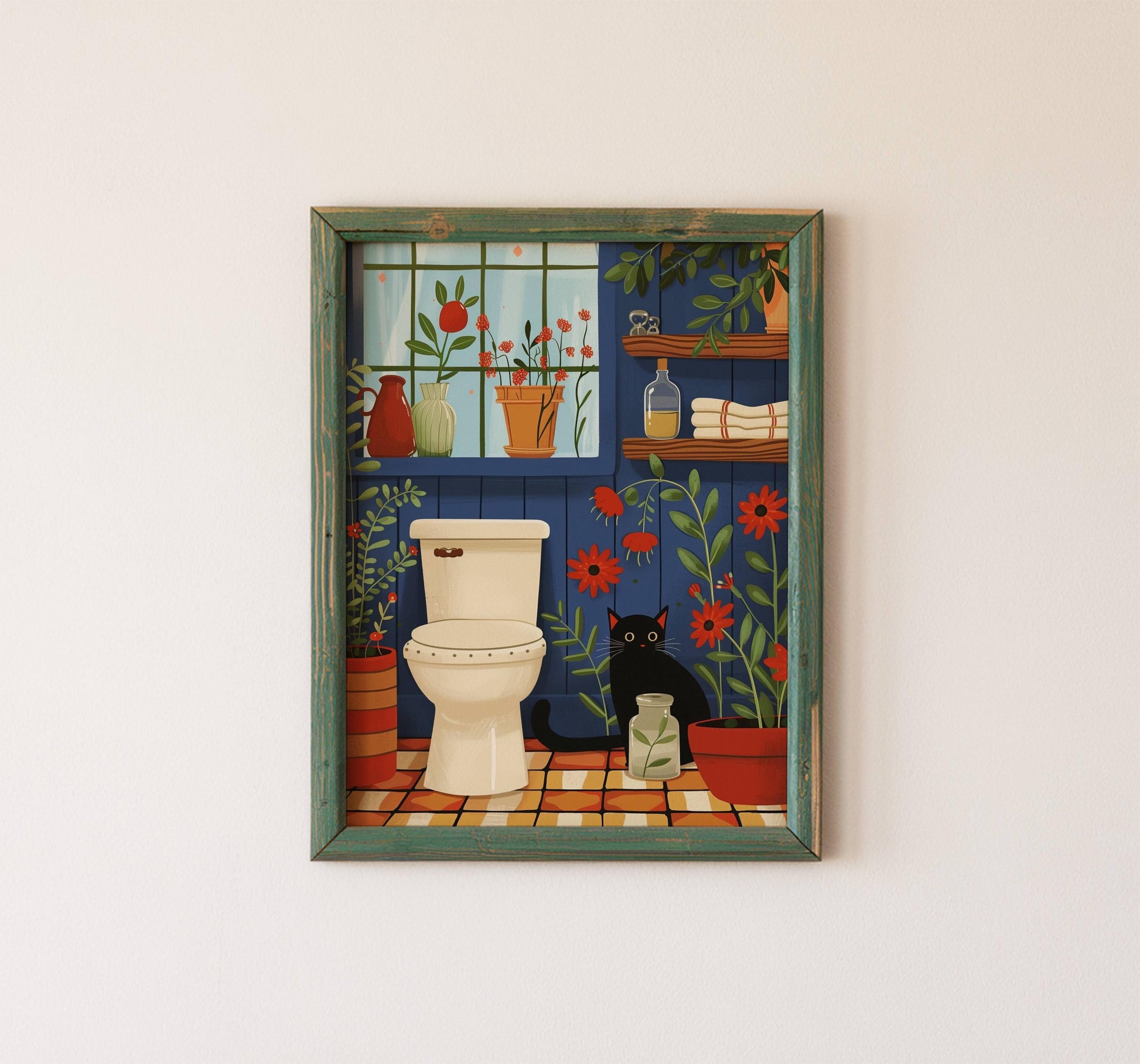 Illustration chat noir salle de bain | affiche toilette humour chat | décor mural plantes et chat | cadeau amoureux des chats