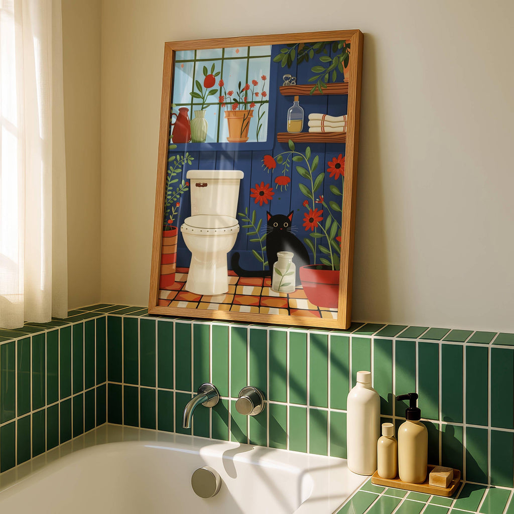 Illustration chat noir salle de bain | affiche toilette humour chat | décor mural plantes et chat | cadeau amoureux des chats