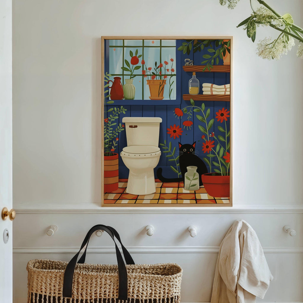 Illustration chat noir salle de bain | affiche toilette humour chat | décor mural plantes et chat | cadeau amoureux des chats