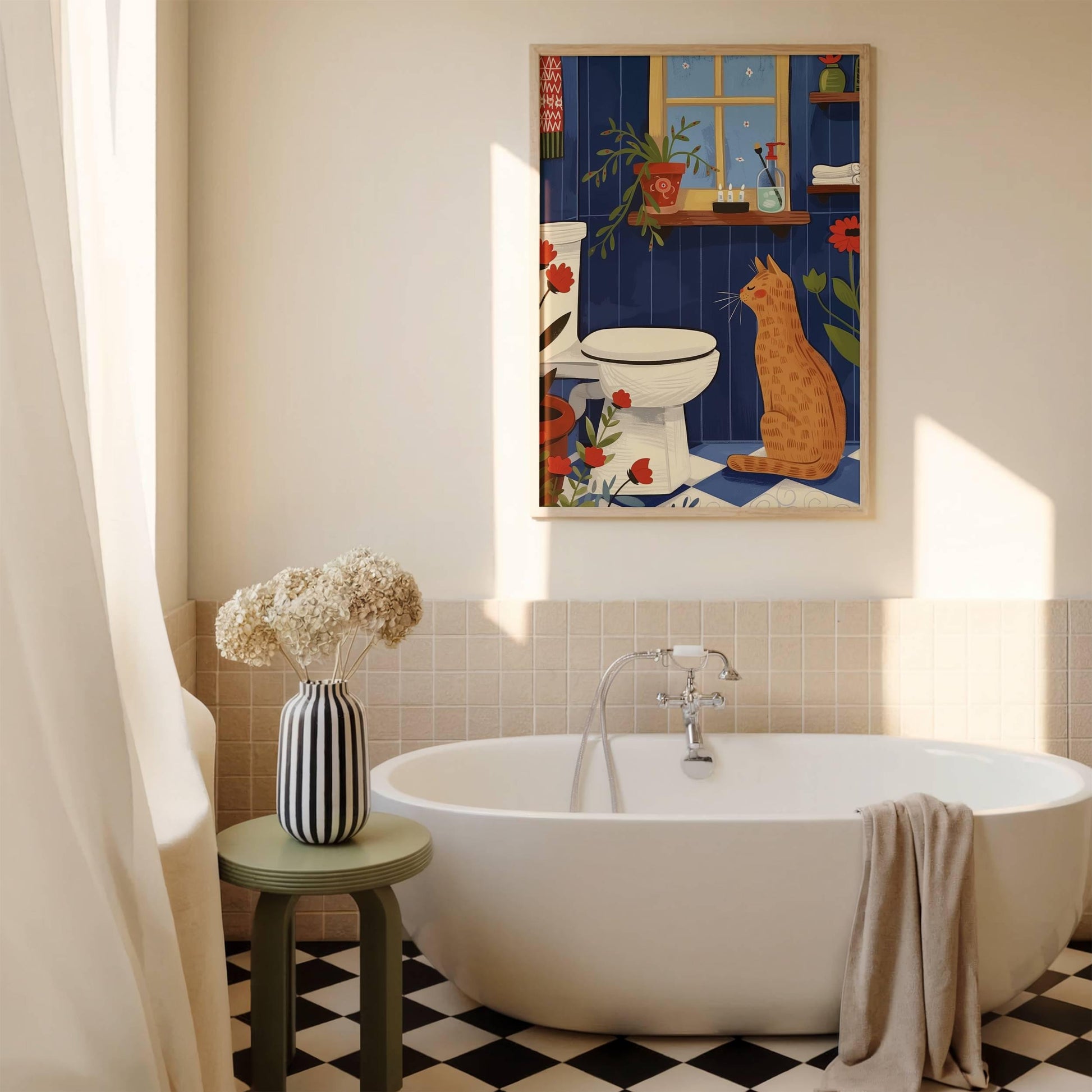 Illustration chat roux salle de bain et toilette - idée cadeau amoureux des chats