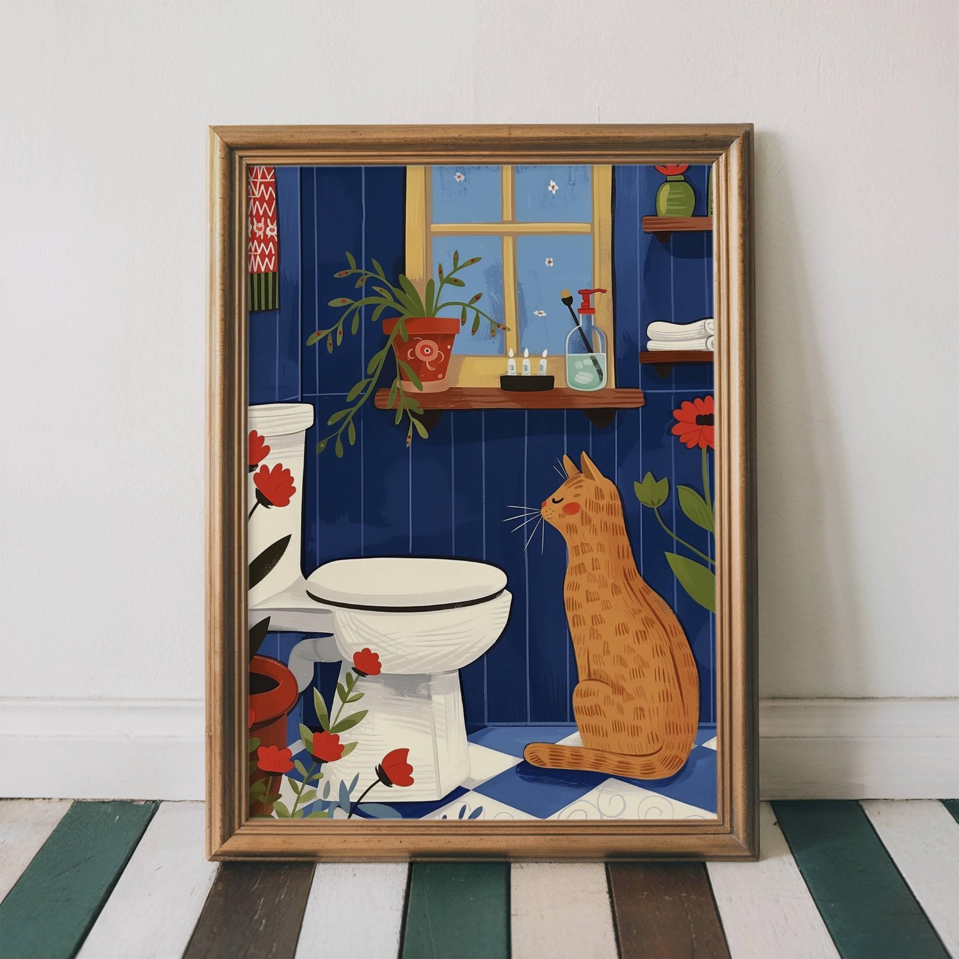 Illustration chat roux salle de bain et toilette - idée cadeau amoureux des chats
