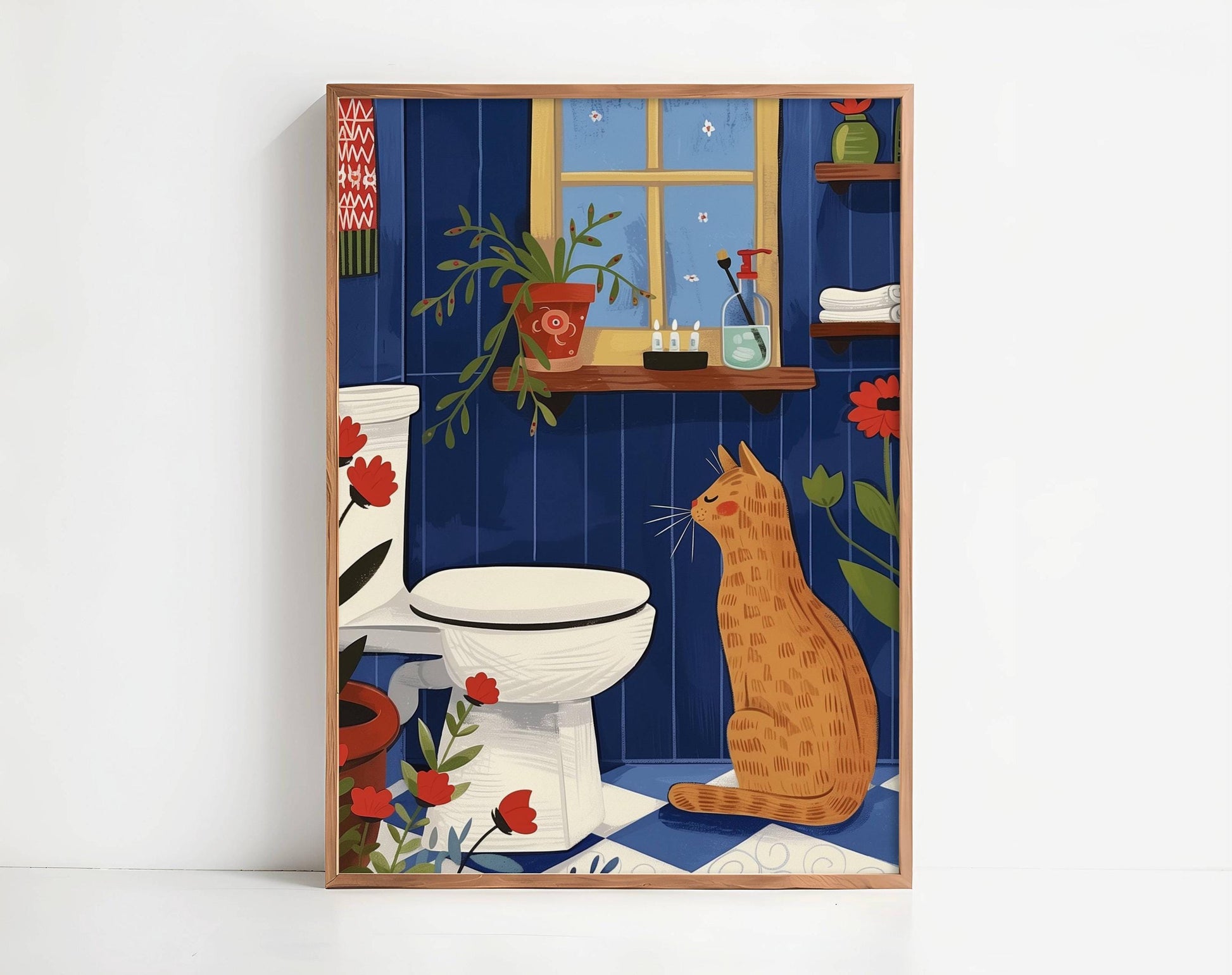 Illustration chat roux salle de bain et toilette - idée cadeau amoureux des chats