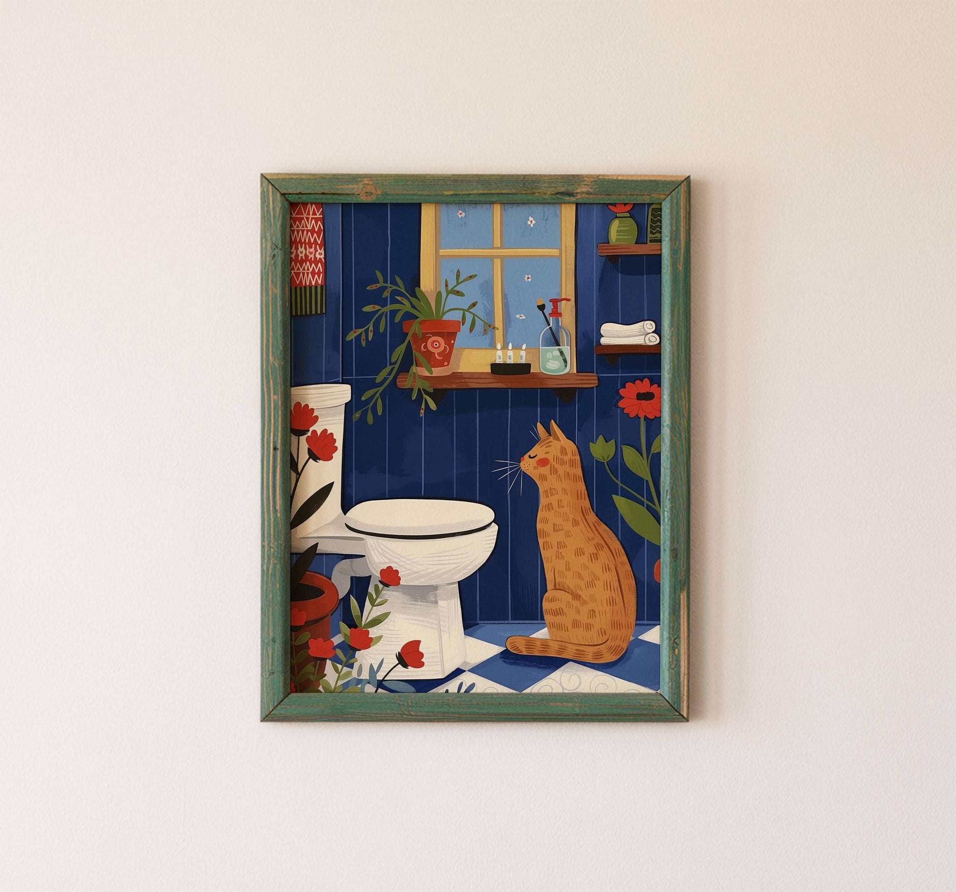 Illustration chat roux salle de bain et toilette - idée cadeau amoureux des chats