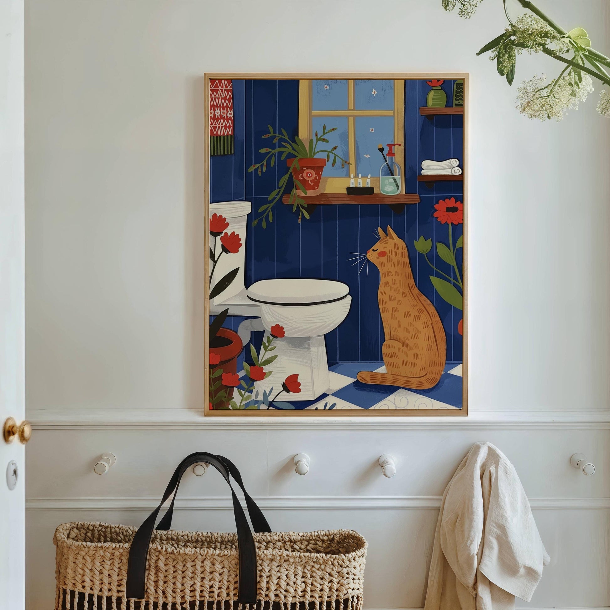 Illustration chat roux salle de bain et toilette - idée cadeau amoureux des chats