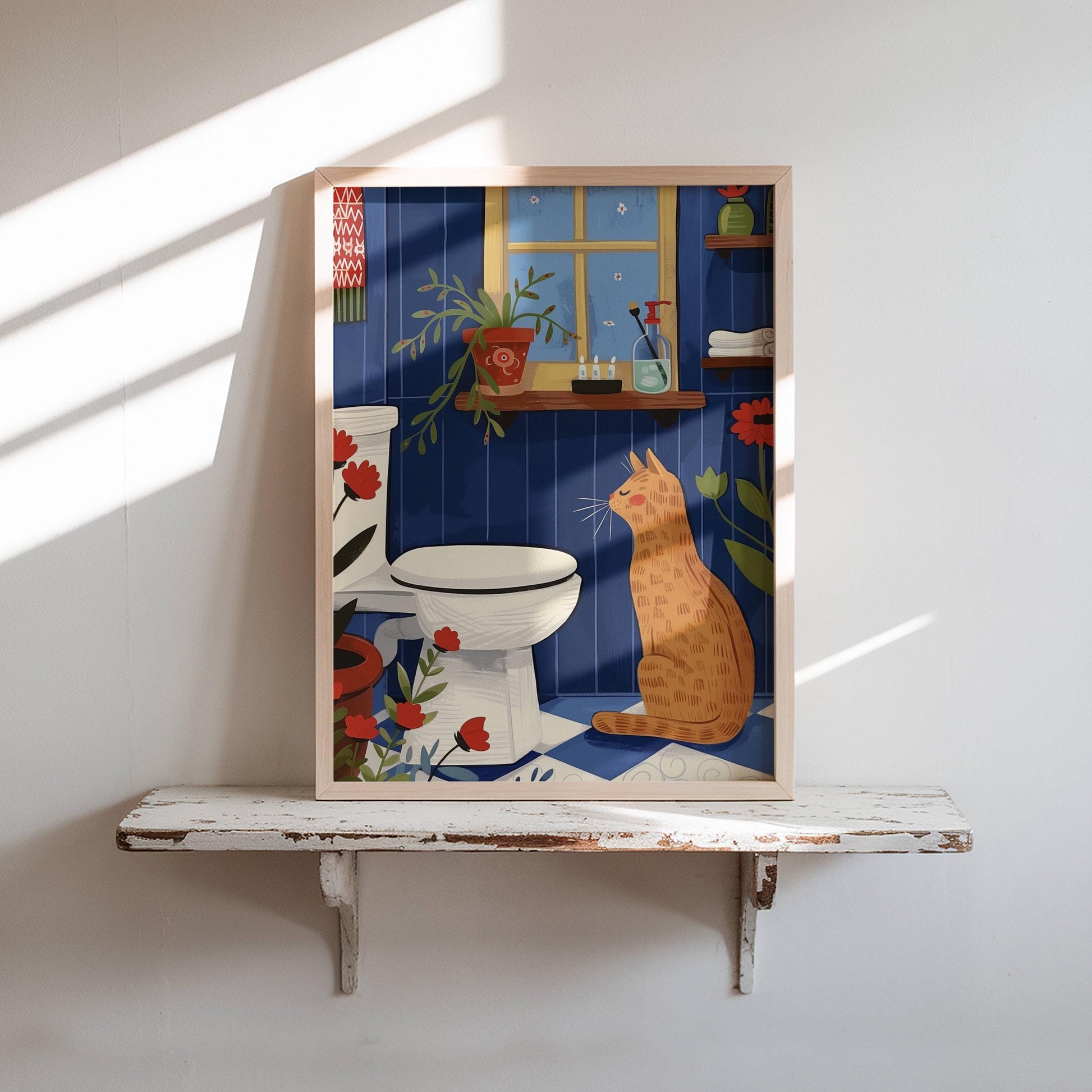 Illustration chat roux salle de bain et toilette - idée cadeau amoureux des chats