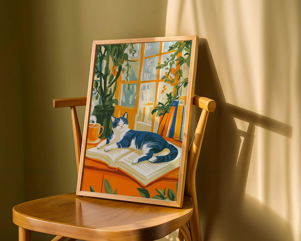 Illustration chat noir et blanc -  Décoration mural - idée cadeau amoureux des livres et des chats