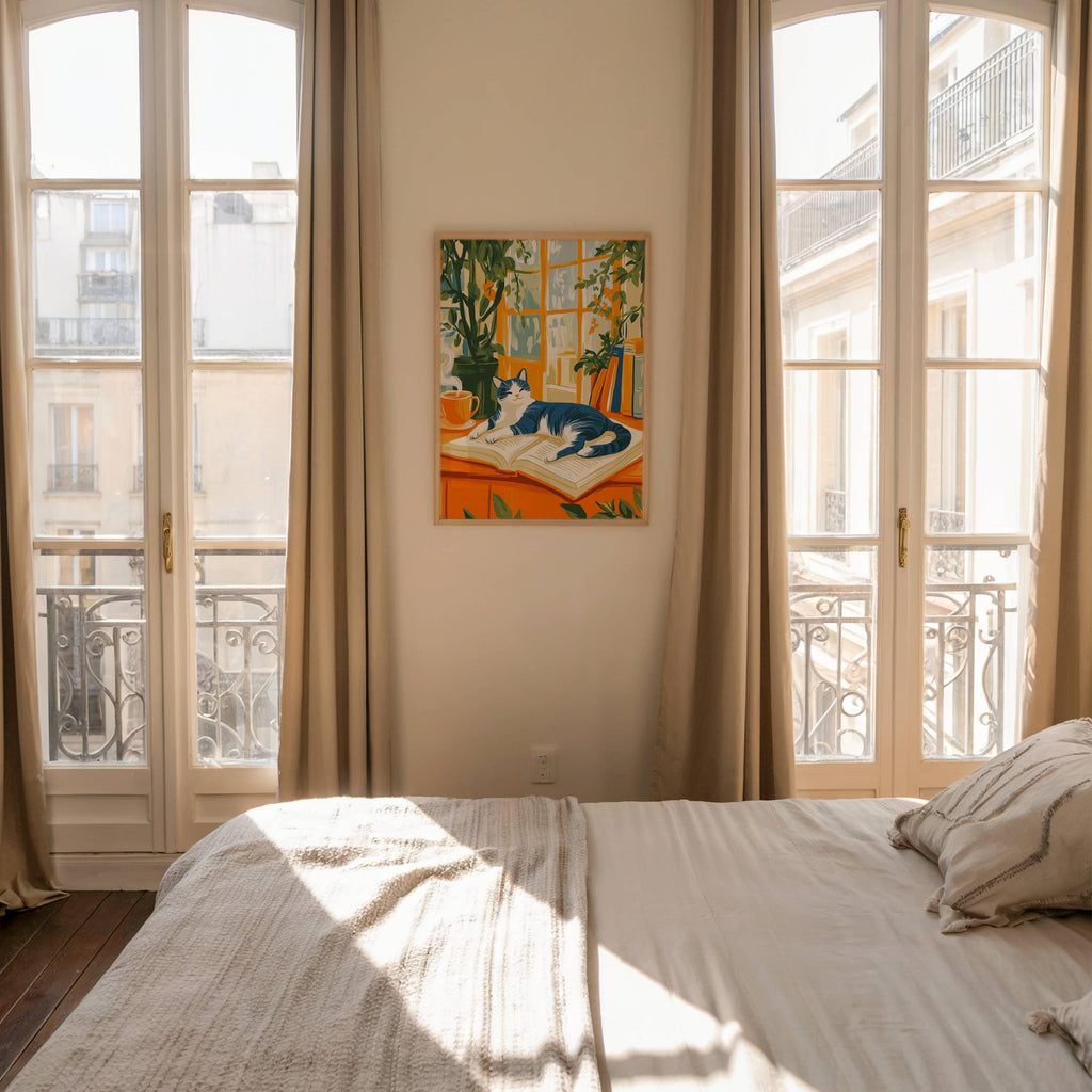 Illustration chat noir et blanc -  Décoration mural - idée cadeau amoureux des livres et des chats