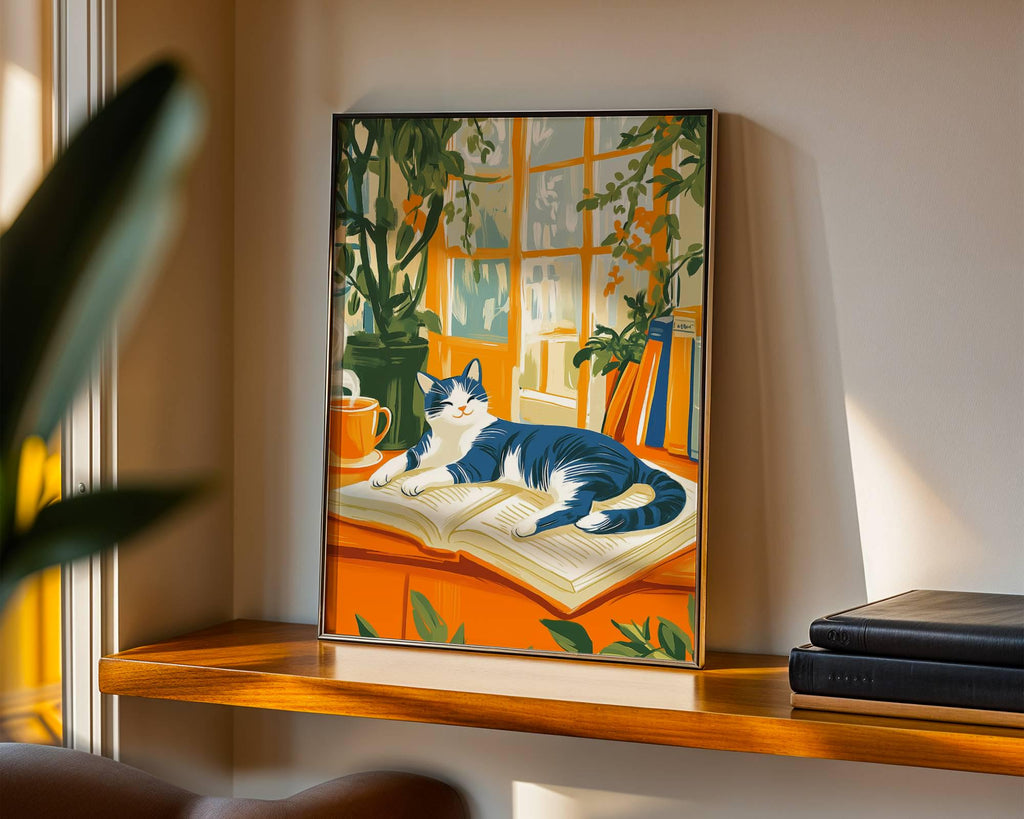 Illustration chat noir et blanc -  Décoration mural - idée cadeau amoureux des livres et des chats