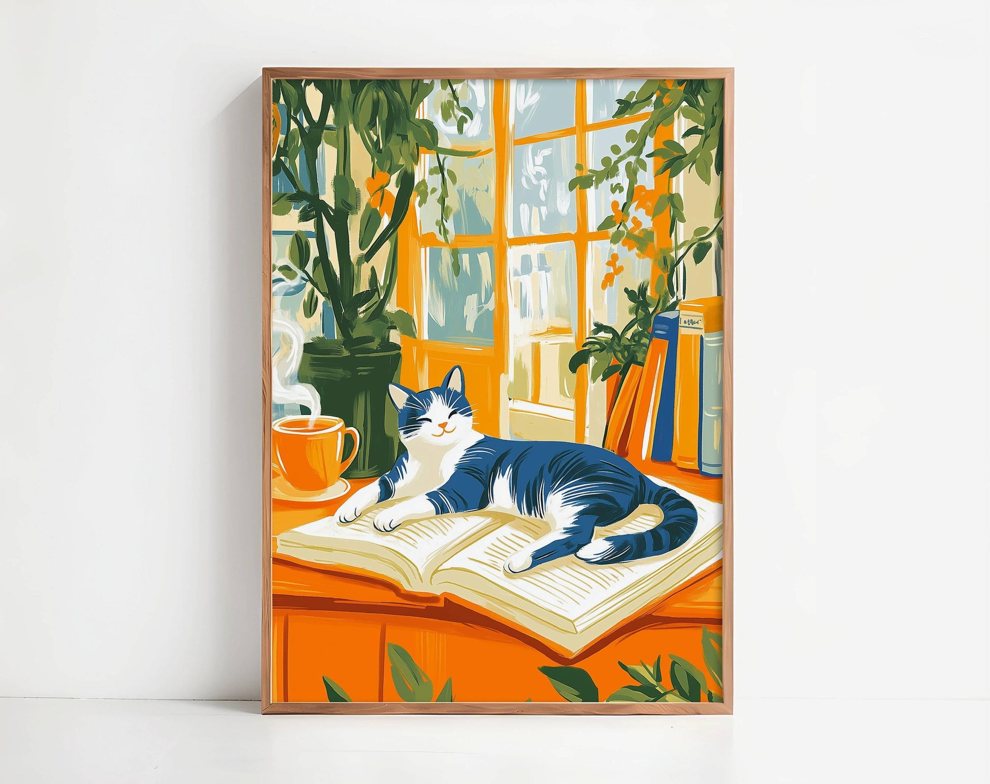 Illustration chat noir et blanc -  Décoration mural - idée cadeau amoureux des livres et des chats