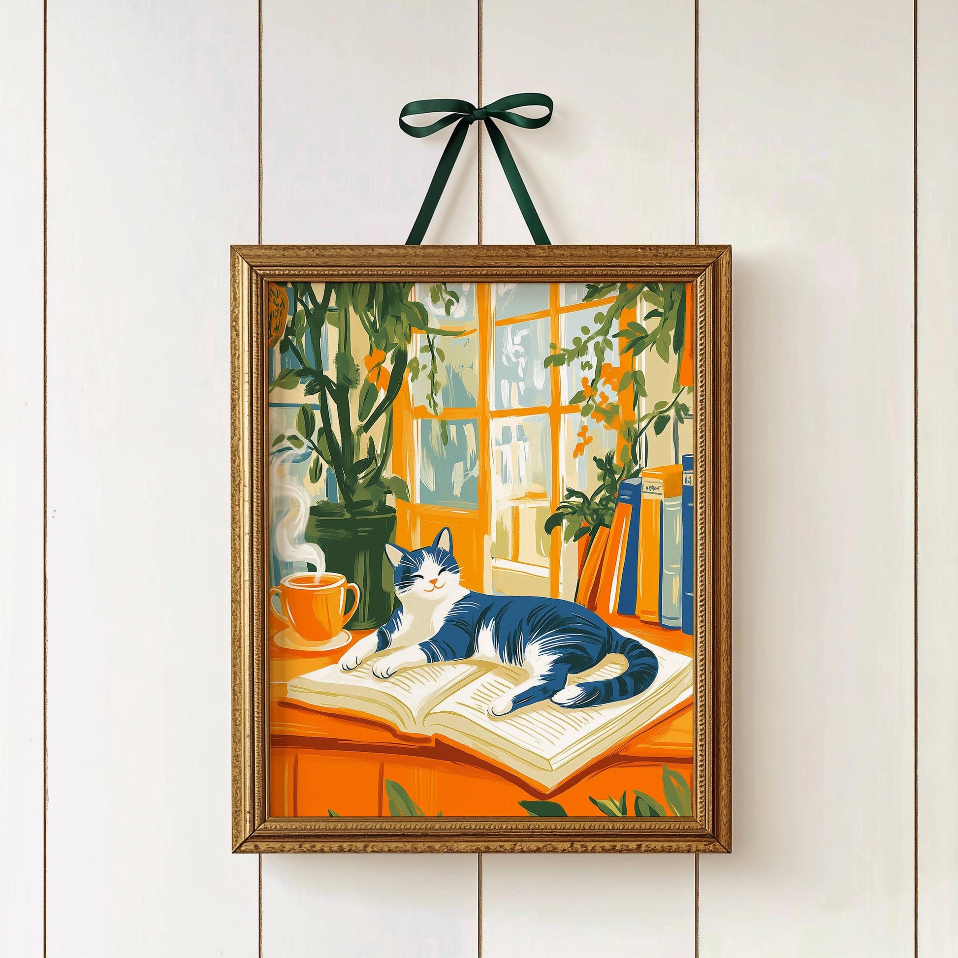 Illustration chat noir et blanc -  Décoration mural - idée cadeau amoureux des livres et des chats