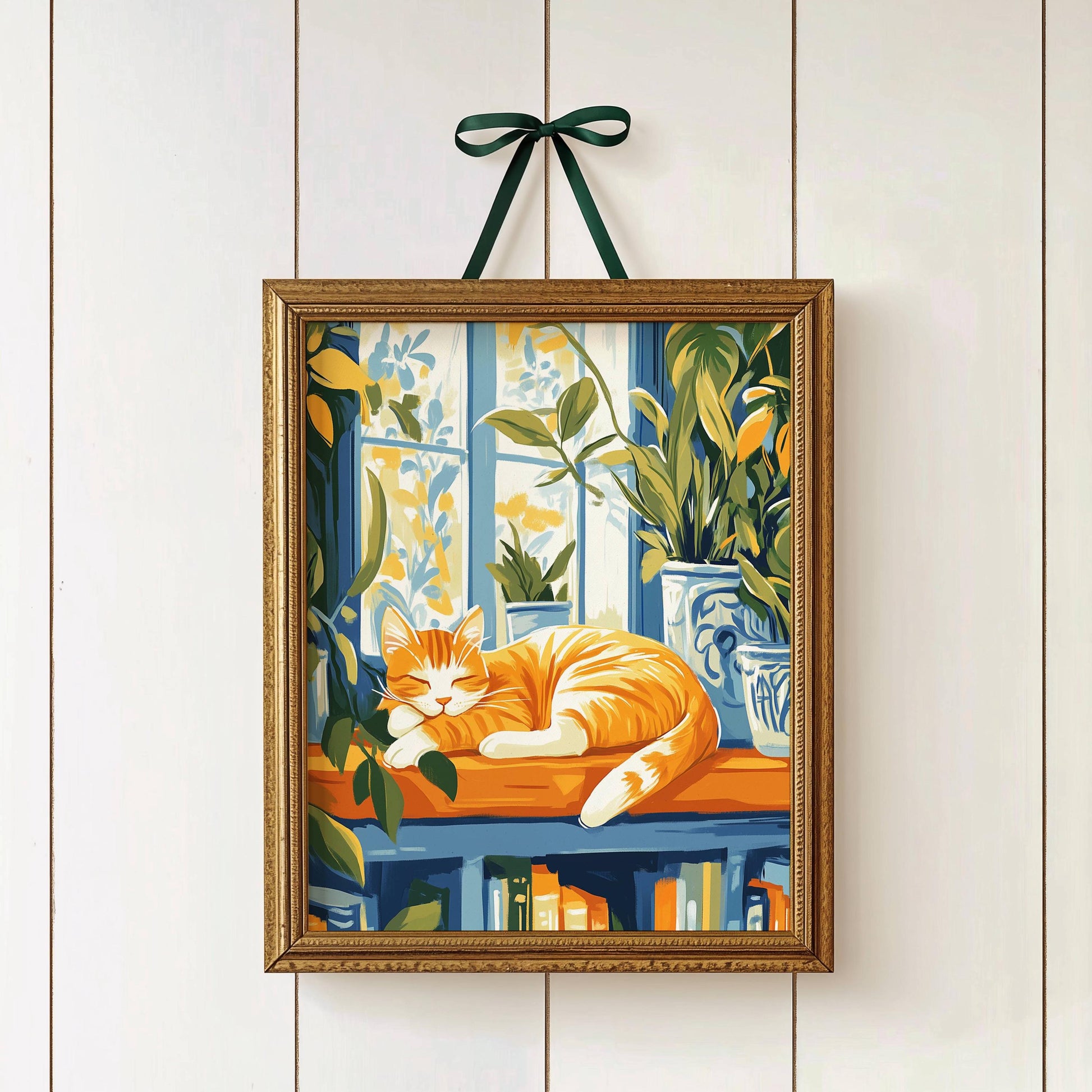 Illustration chat roux - poster chat lecture rêveuse - idée cadeau amoureux des chats et des livres