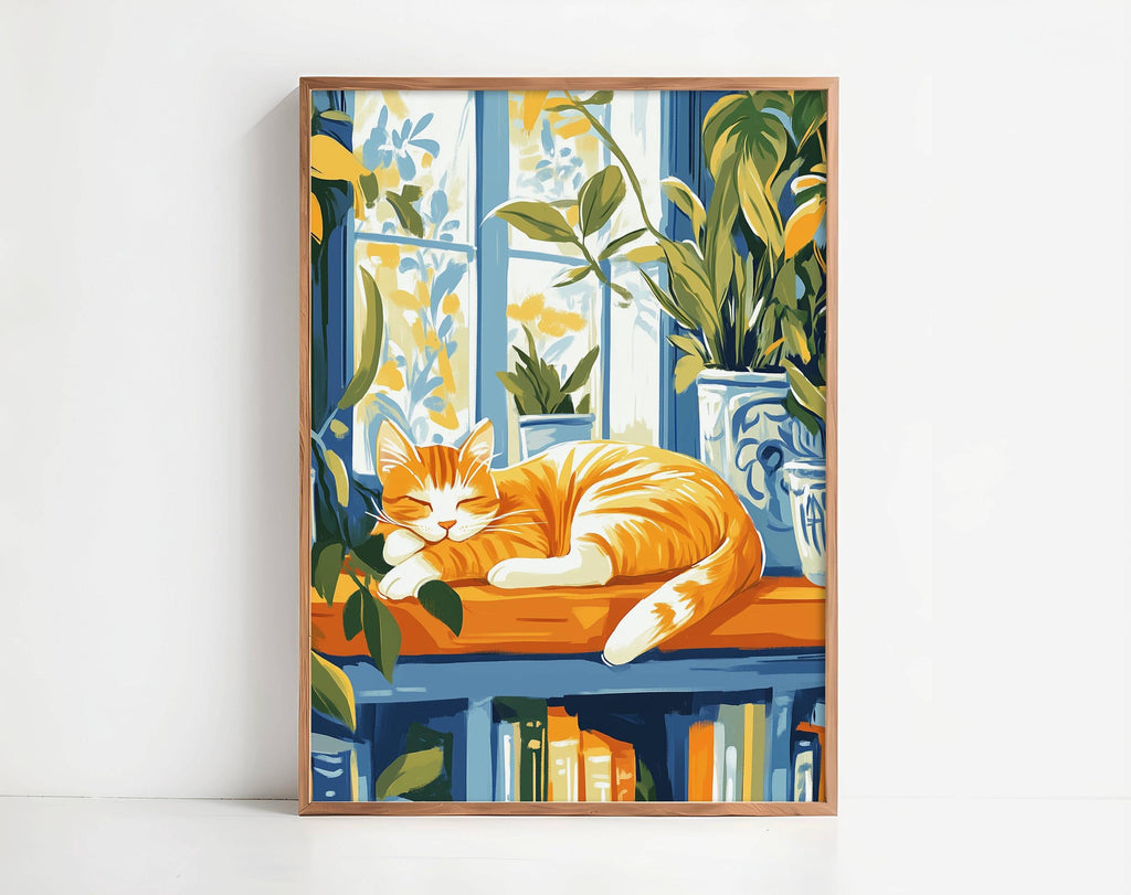 Illustration chat roux - poster chat lecture rêveuse - idée cadeau amoureux des chats et des livres