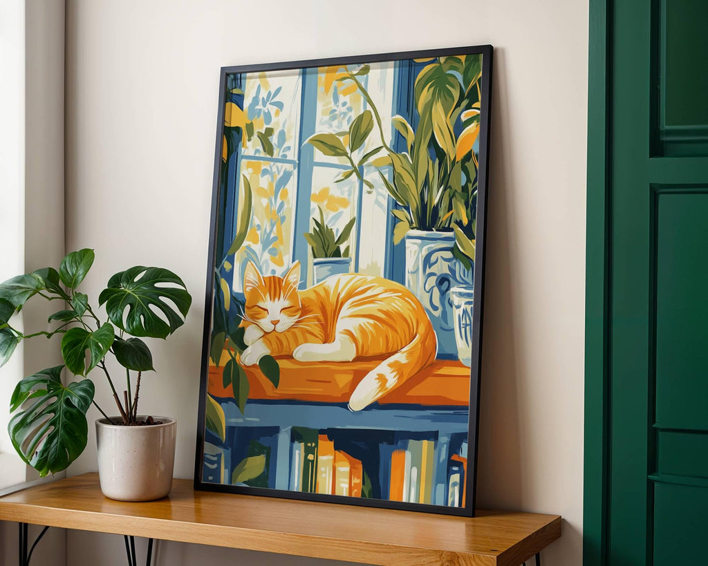 Illustration chat roux - poster chat lecture rêveuse - idée cadeau amoureux des chats et des livres