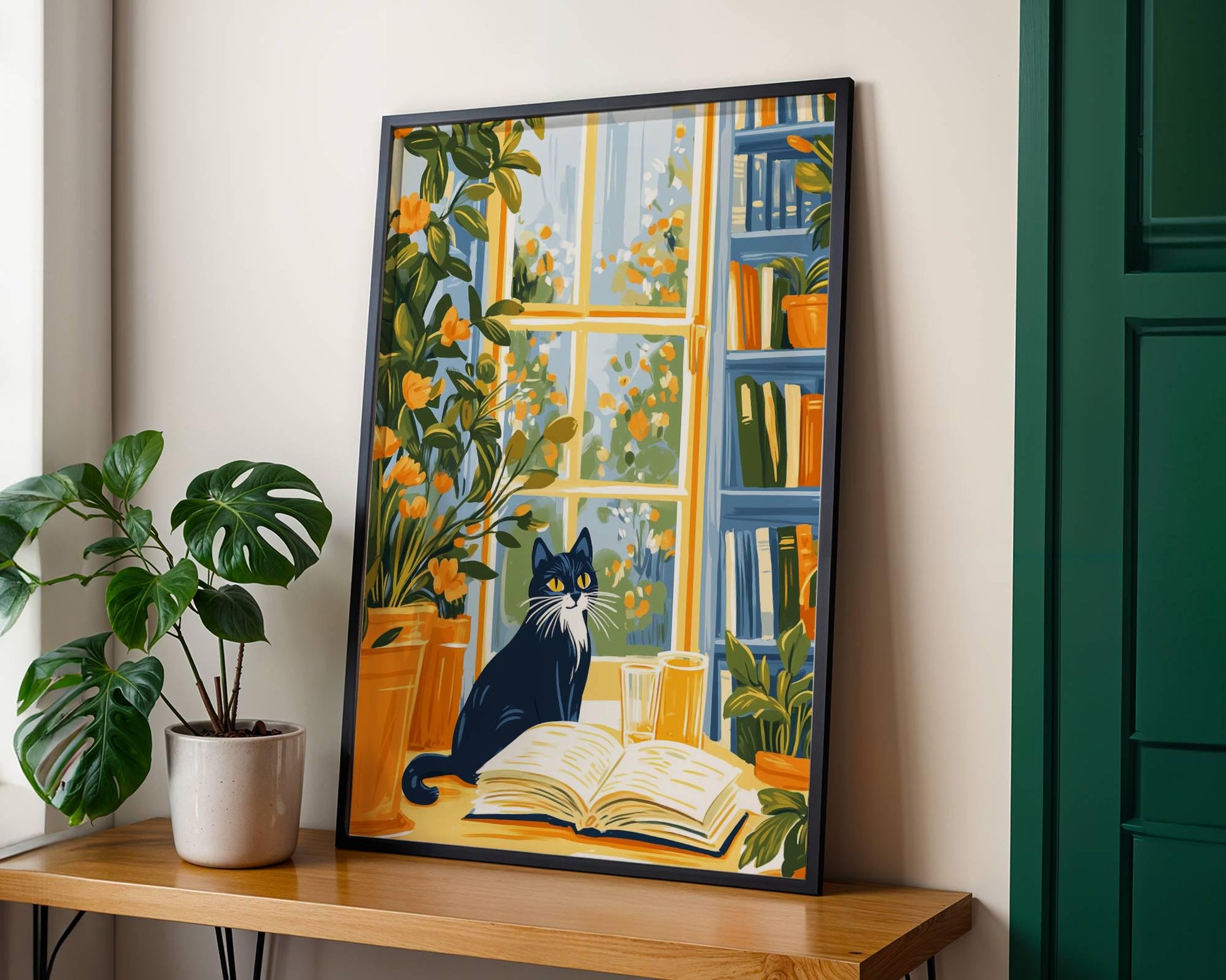 Illustration chat noir - décoration cosy -  idée cadeau amoureux des chats et des livres