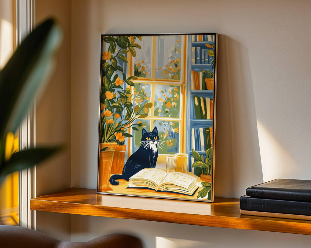 Illustration chat noir - décoration cosy -  idée cadeau amoureux des chats et des livres