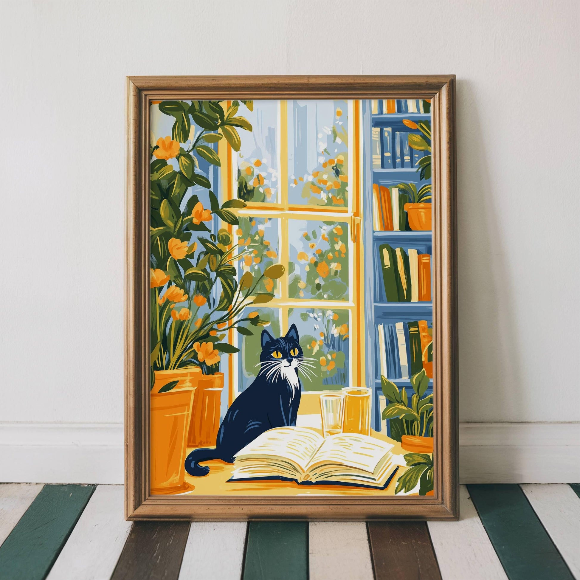 Illustration chat noir - décoration cosy -  idée cadeau amoureux des chats et des livres