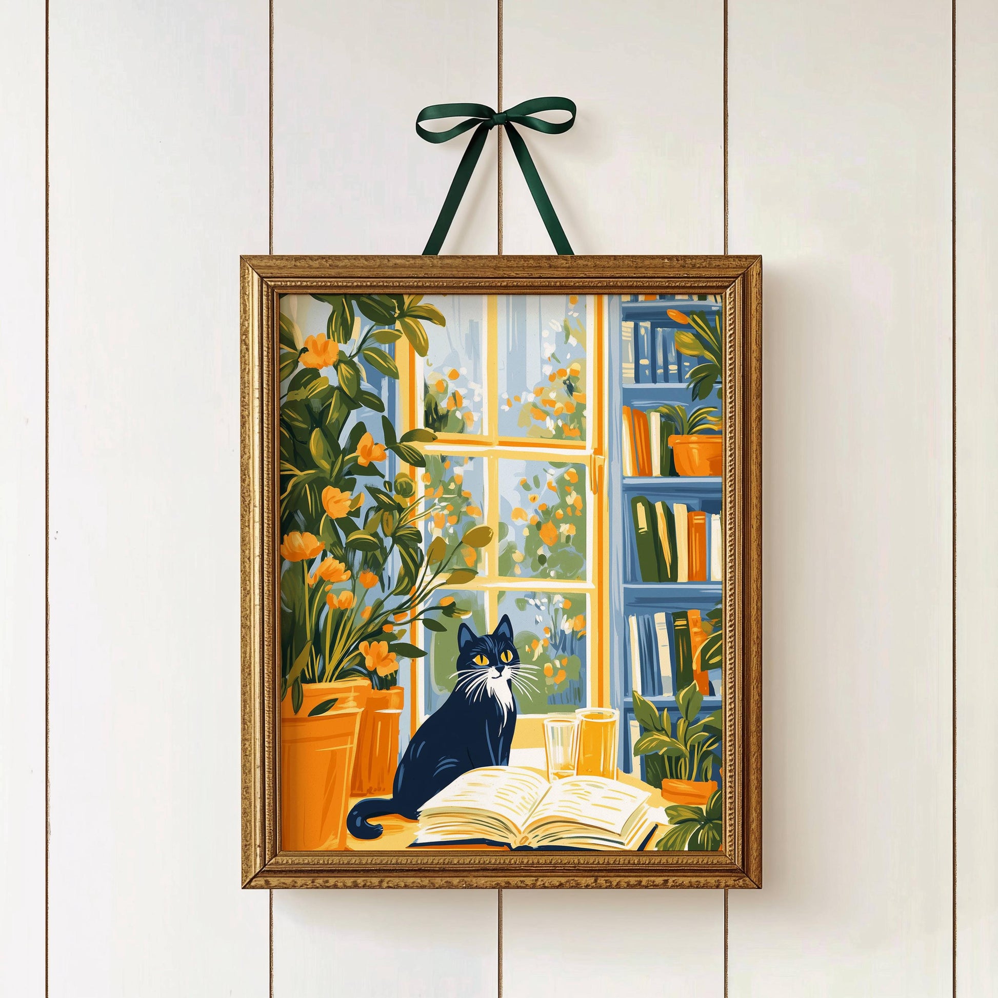 Illustration chat noir - décoration cosy -  idée cadeau amoureux des chats et des livres