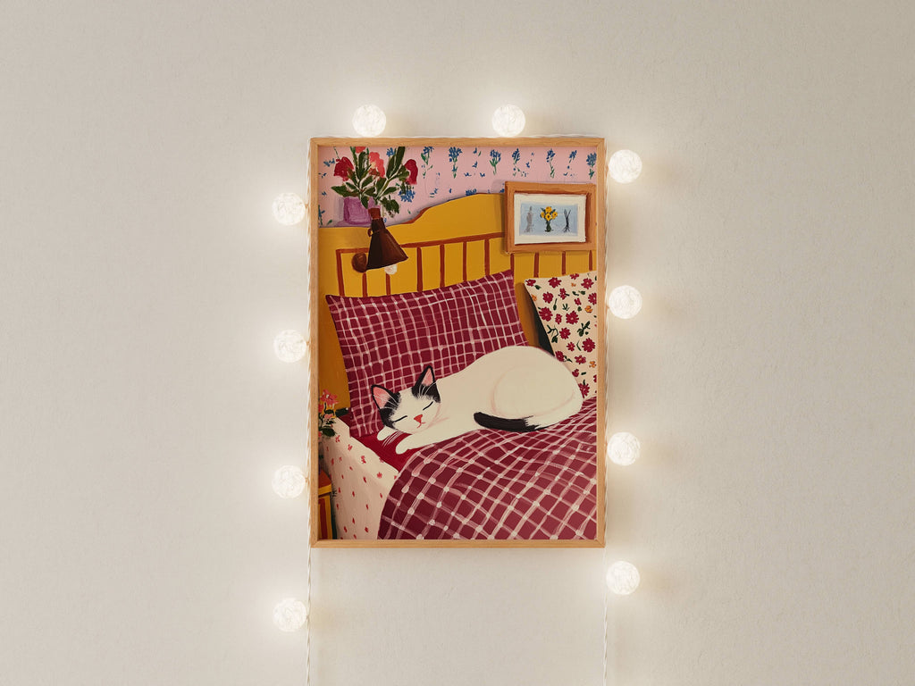 Illustration Chat endormi - Illustration chat noir et blanc dans son lit - Idée cadeau amoureux des chats