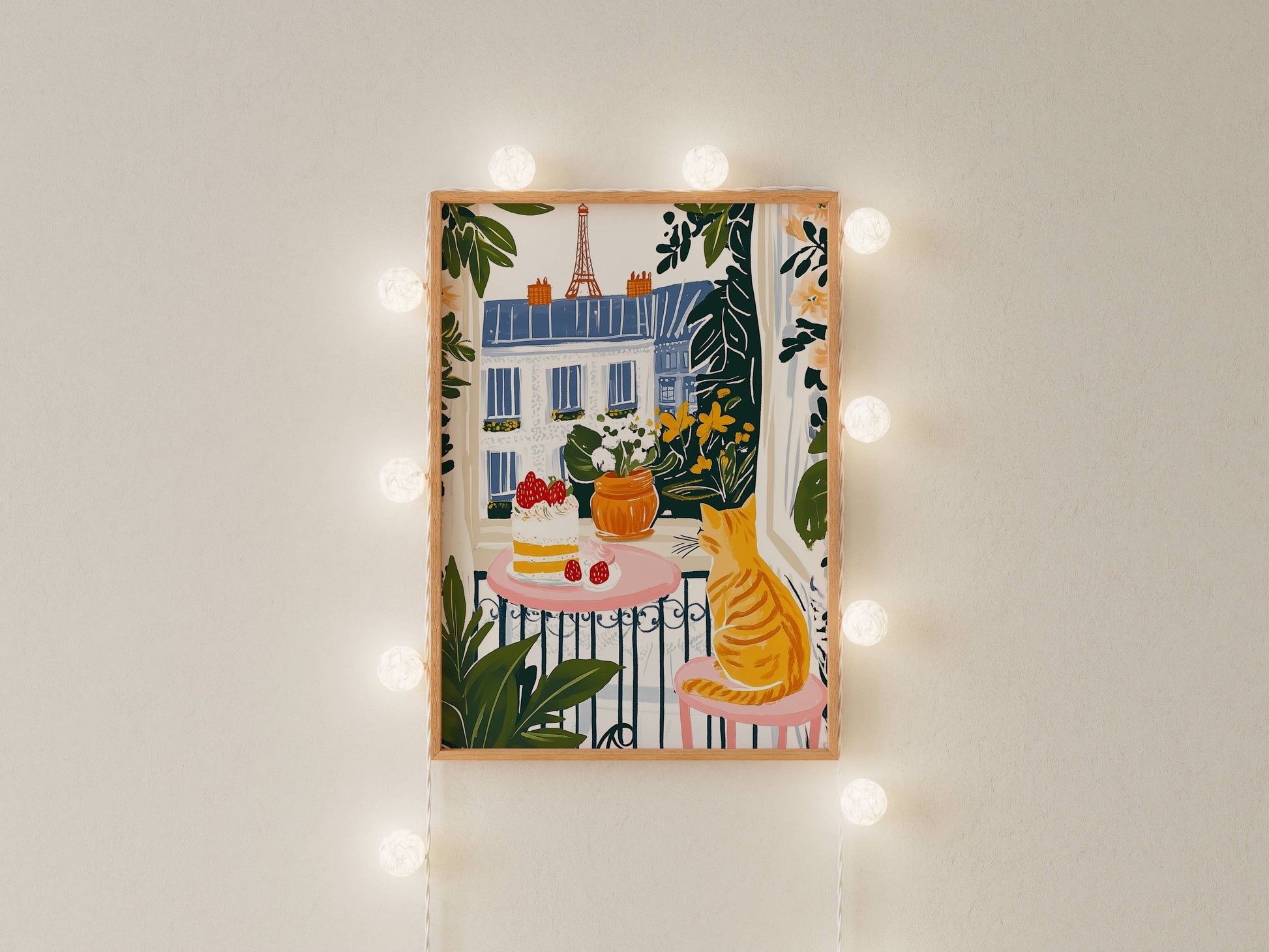 Affiche chat roux à Paris - Illustration chat balcon Tour Eiffel - idée cadeau amoureux des chats - illustration voyage France