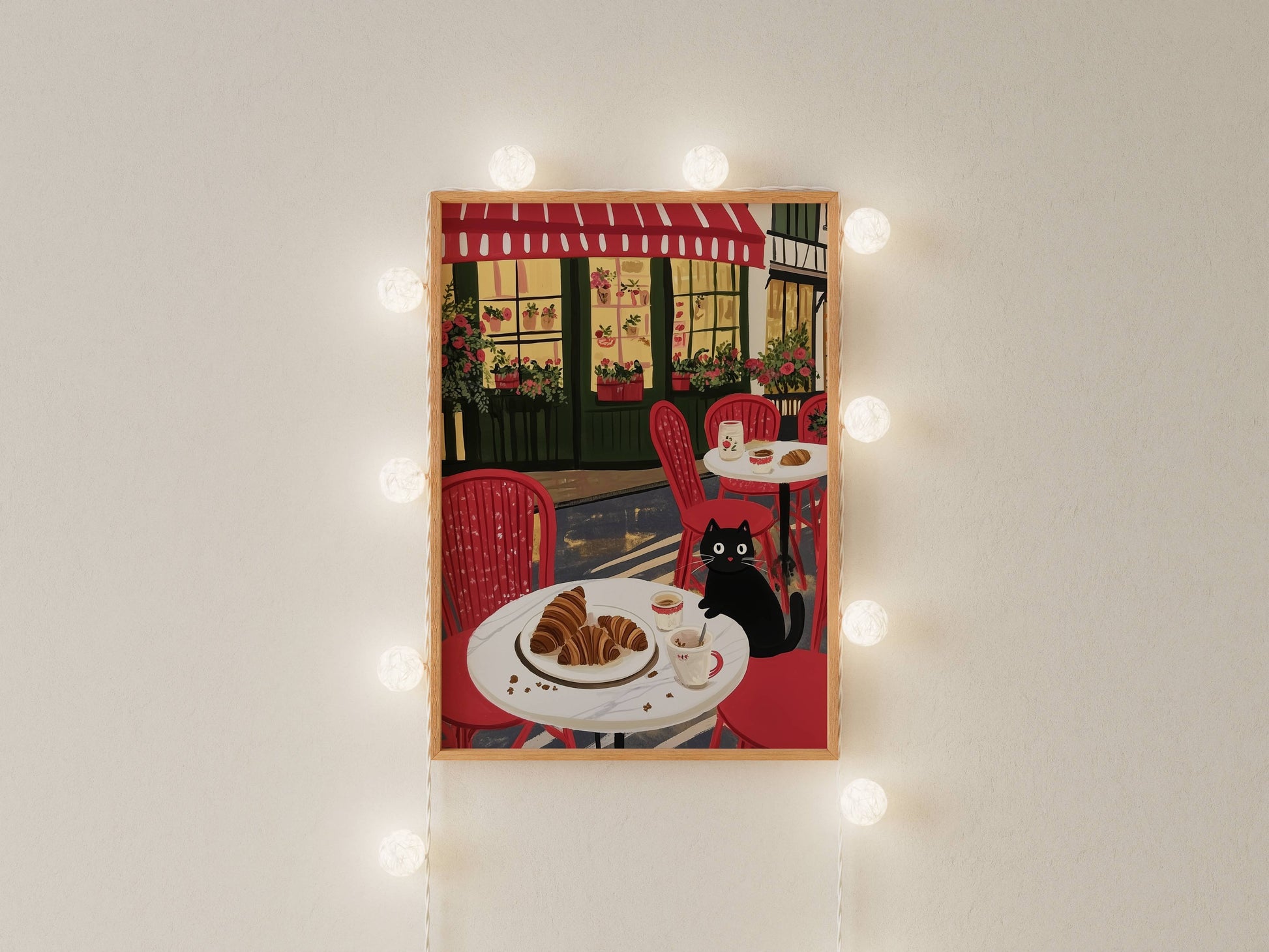 Affiche Chat noir café Paris - Illustration terrasse Parisienne croissants - Idée cadeau Amoureux des Chats