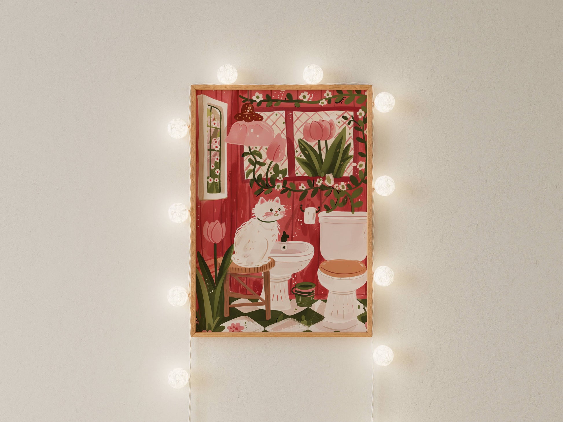 Illustration chat blanc salle de bain - Décoration WC originale - Idée cadeau amoureux des chats