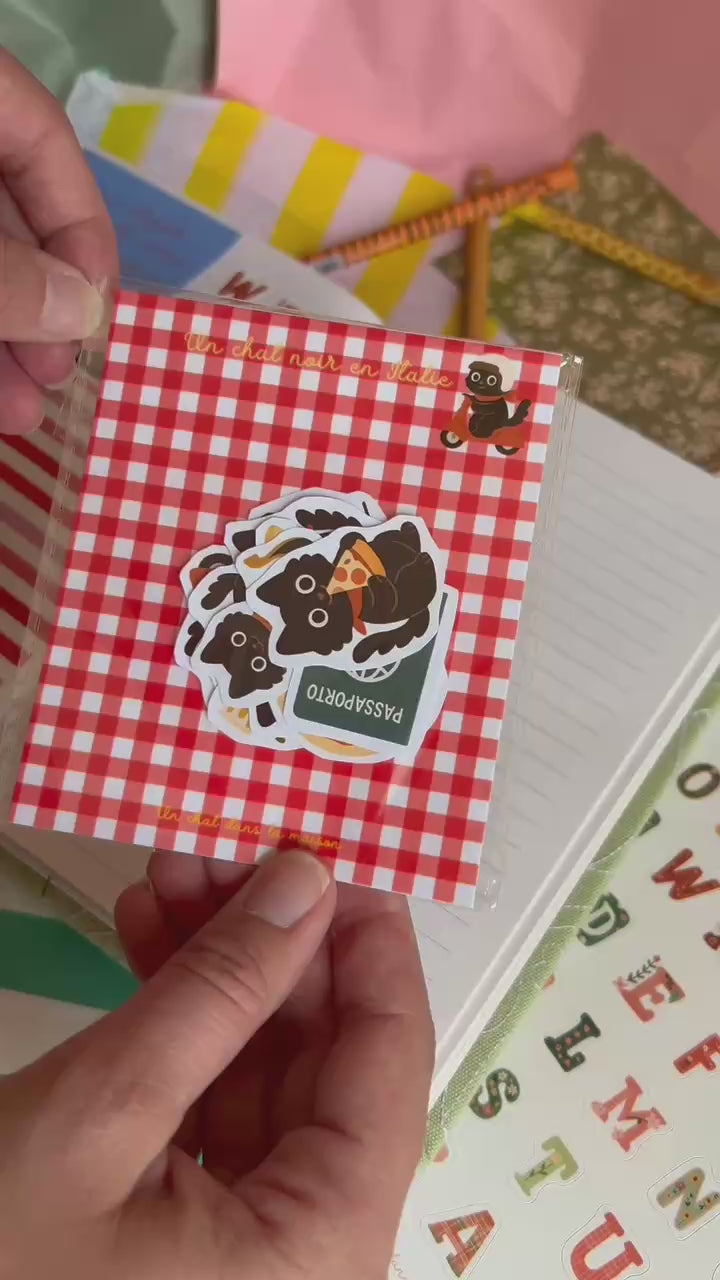 Stickers journaling  "Un chat noir en Italie" - stickers Chat Noir en Italie – Pack de 14 Stickers vinyle - scrapbooking - junk journal