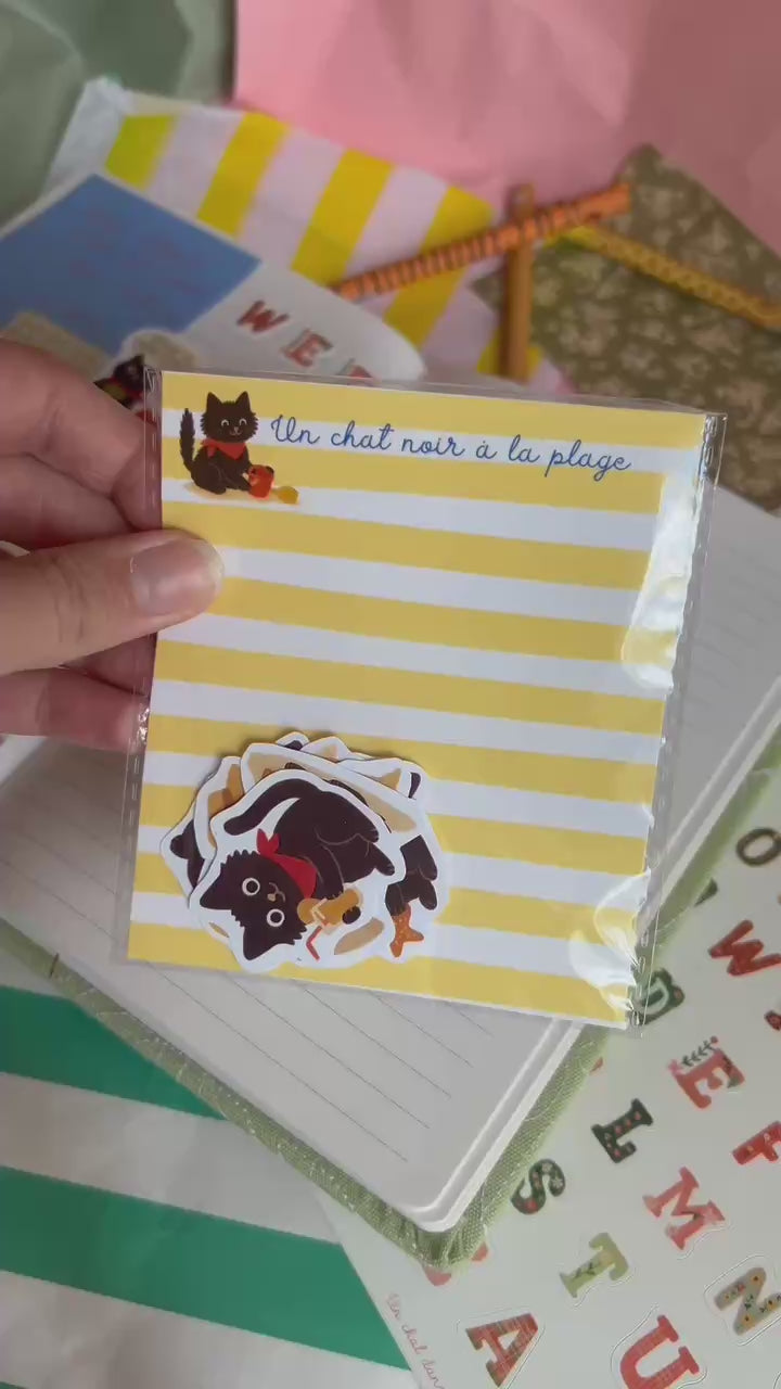 Stickers journaling  "Un chat noir à la plage" - stickers Chat Noir & à la plage – Pack de 10 Stickers vinyle