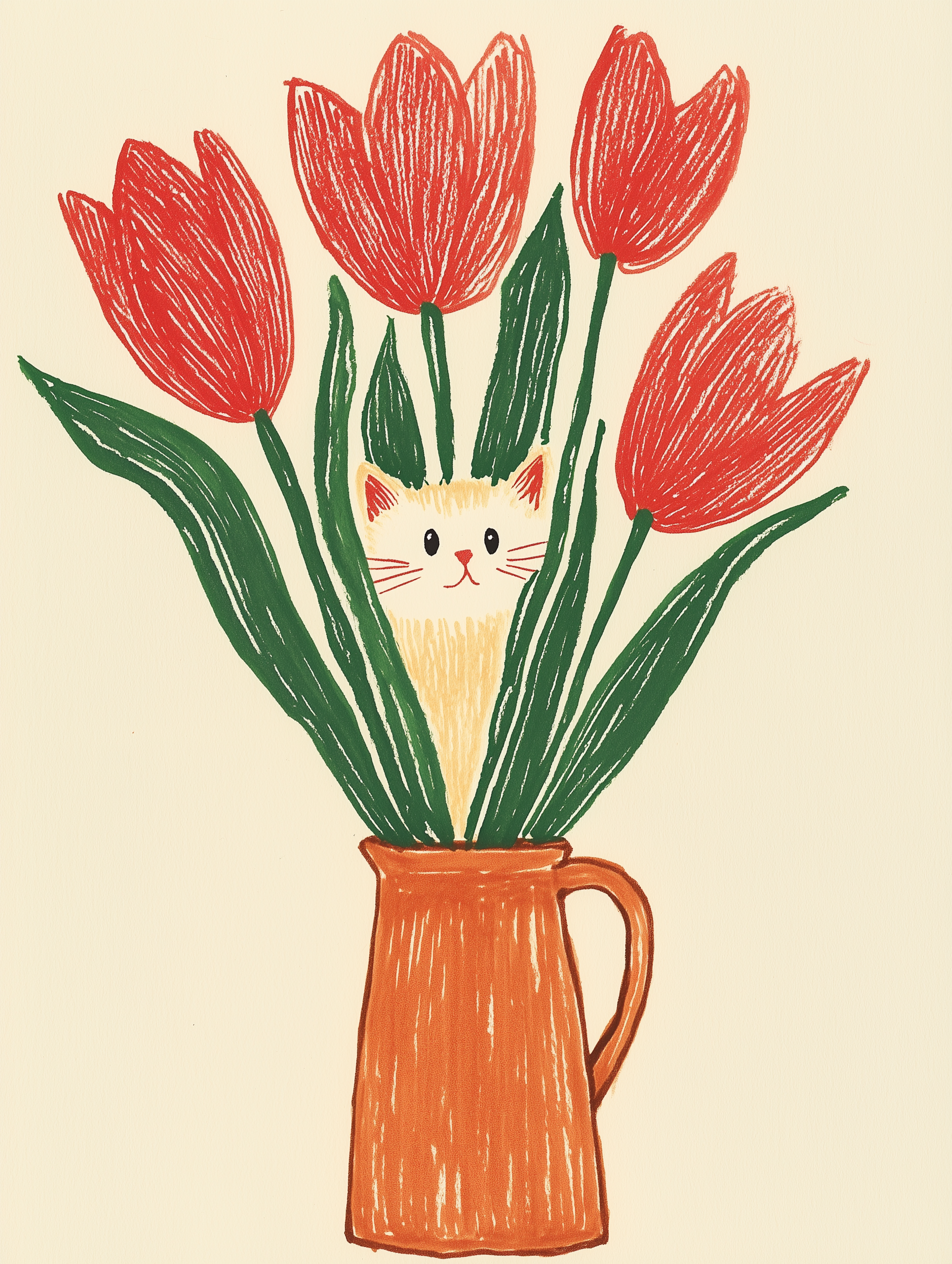 Illustration chat et tulipes rouges | Affiche chat rigolo | Idée cadeau amoureux des chats | Art mural naïf et coloré | Poster cottagecore