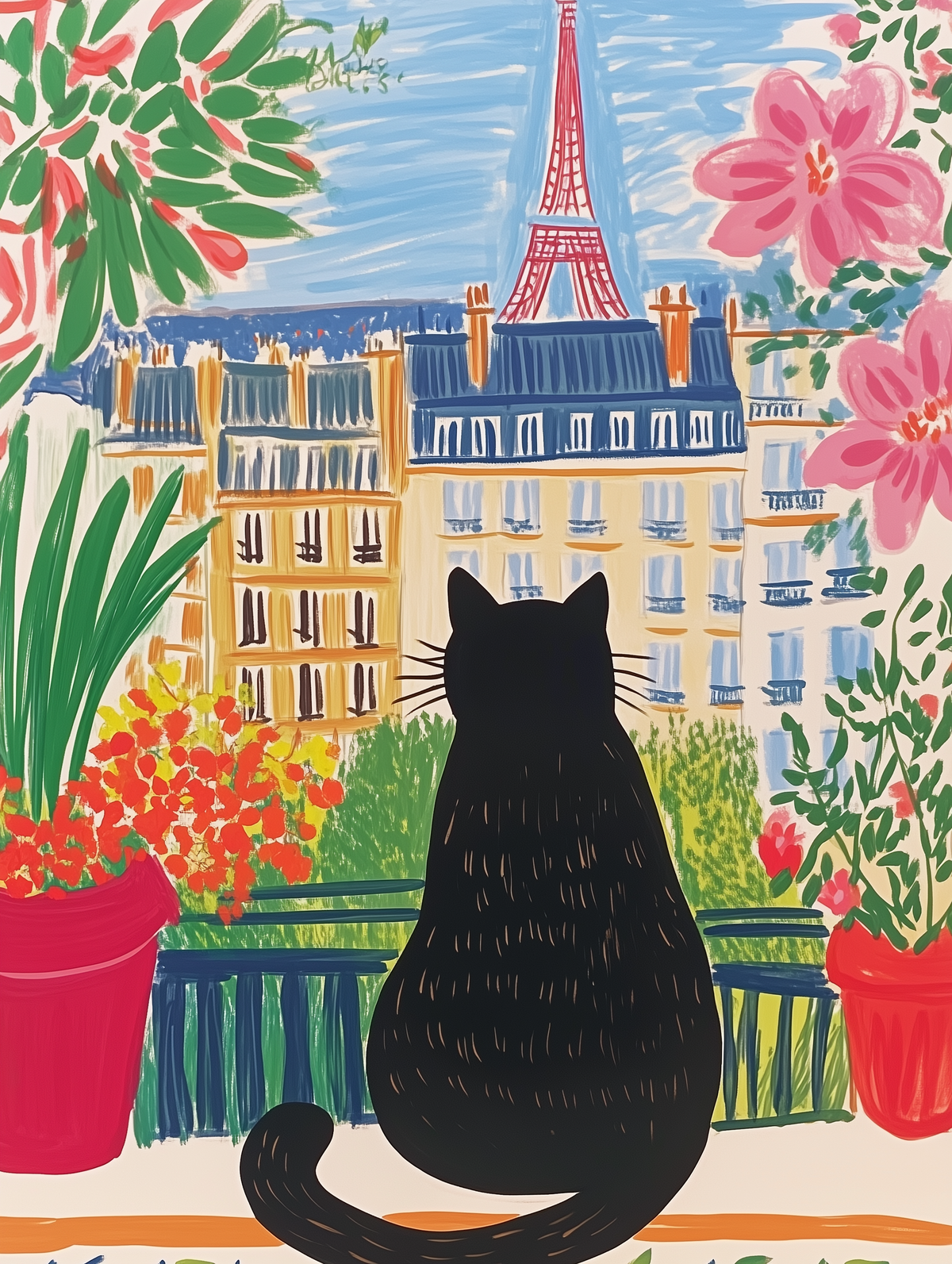 Illustration chat noir à Paris – Chat dos Tour Eiffel – déco murale cottagecore, idée cadeau amoureux des chats - fête des mères 2026
