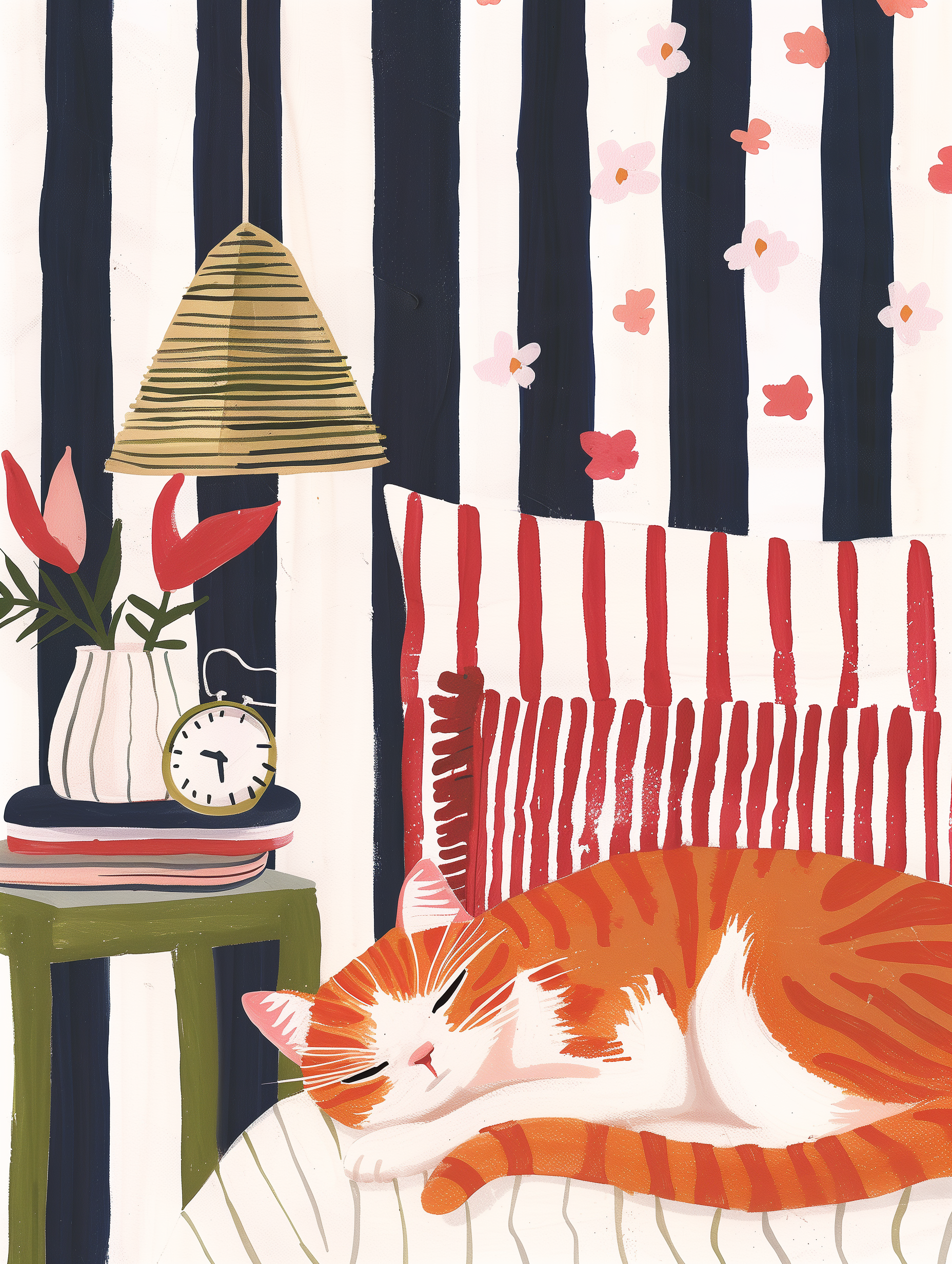 Illustration chat roux sieste | affiche chambre cosy rétro | cadeau amoureux des chats | décoration intérieure cottagecore