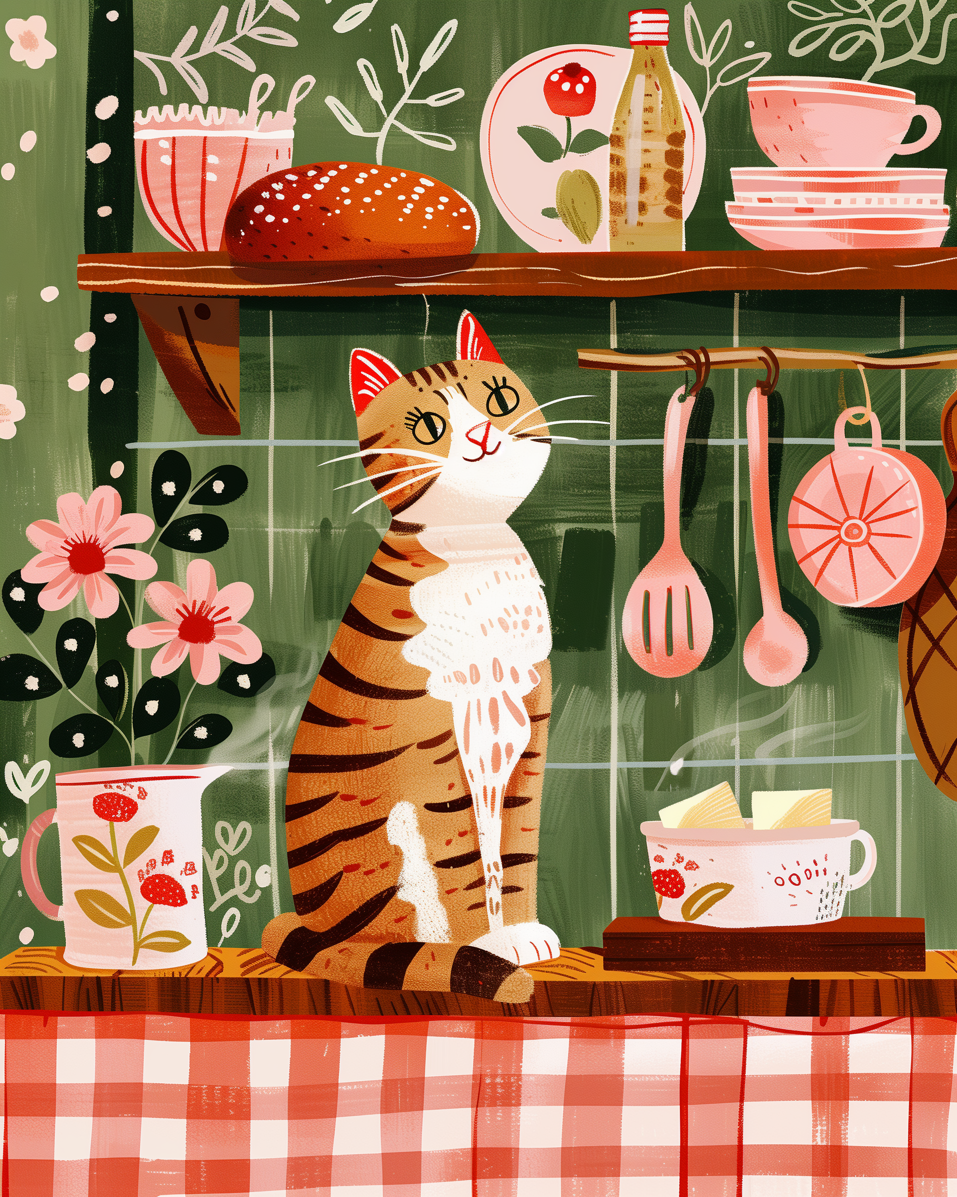 Illustration chat roux tigré cuisine vintage - illustration pour la cuisine - idée cadeau amoureux des chats