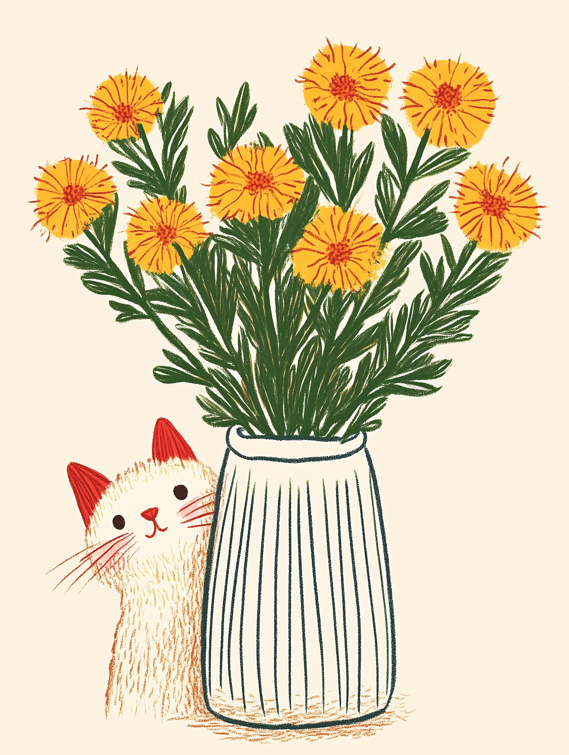 Illustration chat blanc fleurs jaunes | poster art floral printanier | cadeau amoureux des chats | déco murale cottagecore
