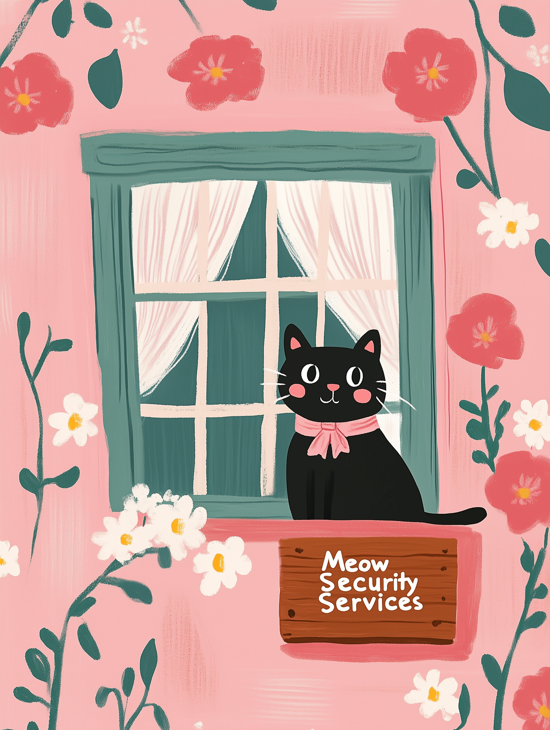 Illustration chat noir fenêtre cottage – Chat avec nœud rose et pancarte – déco murale chaleureuse, idée cadeau amoureux des chats