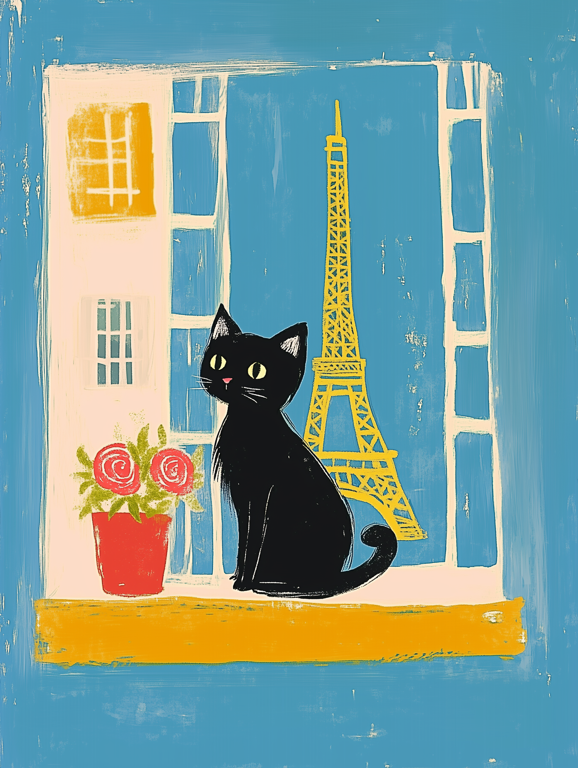 Illustration chat noir Paris – Chat noir Tour Eiffel – déco murale chaleureuse cottagecore, cadeau amoureux des chats