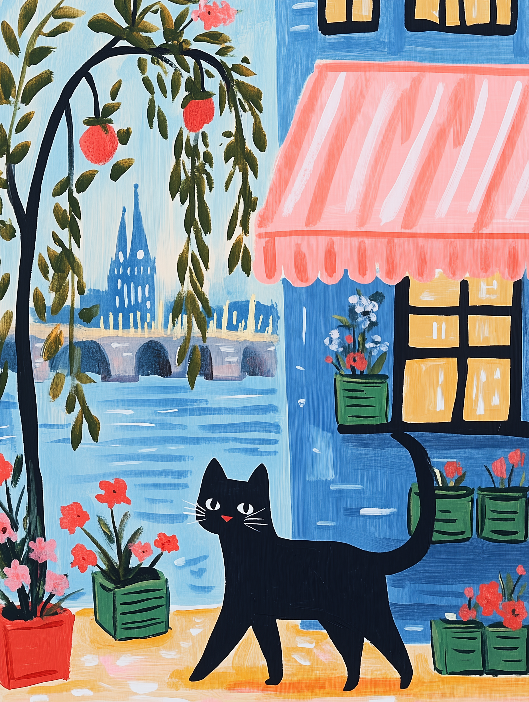 Illustration Chat noir à Paris - Idée cadeau amoureux des chats - Art Naïf fenêtre et fleurs